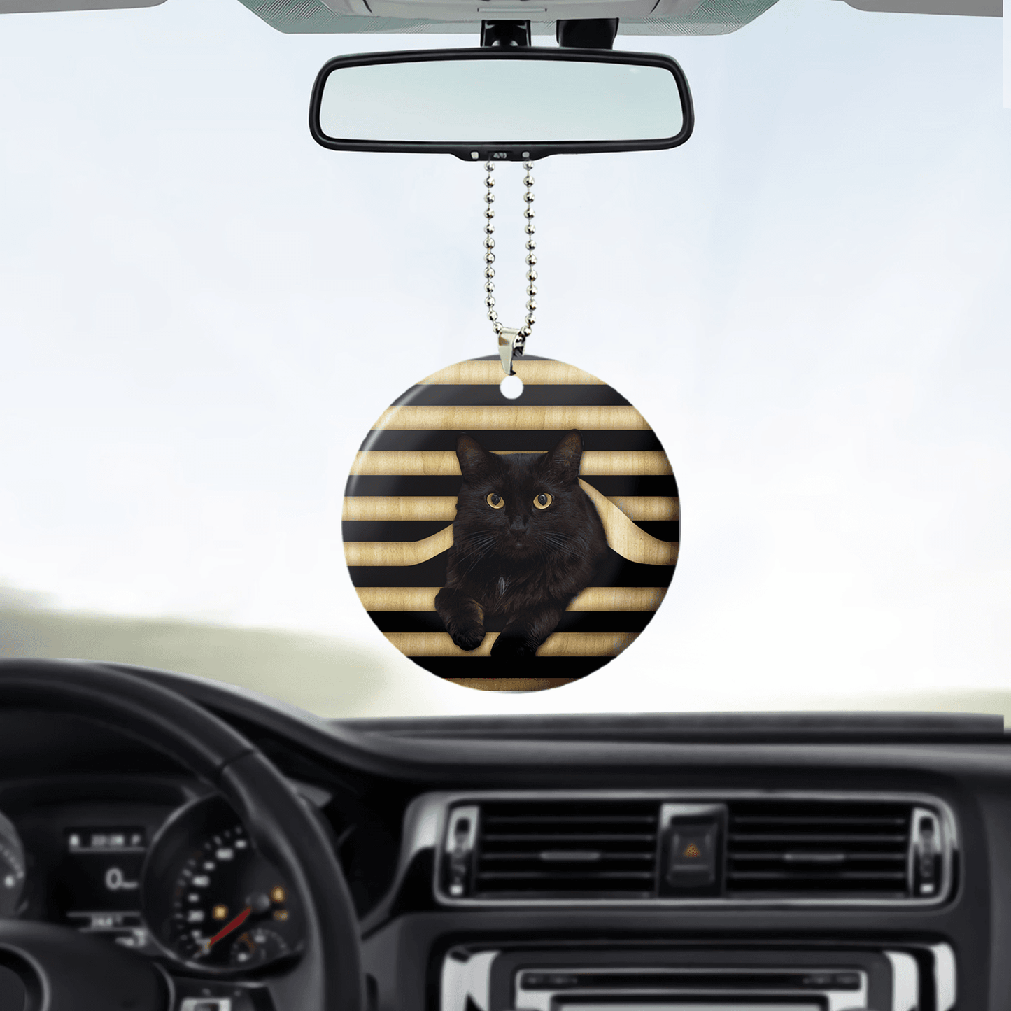 Black Cat Inside Line Wooden Car Ornament 2