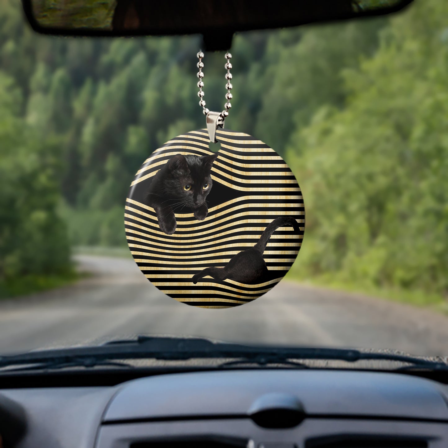 Black Cat Inside Line Wooden Car Ornament