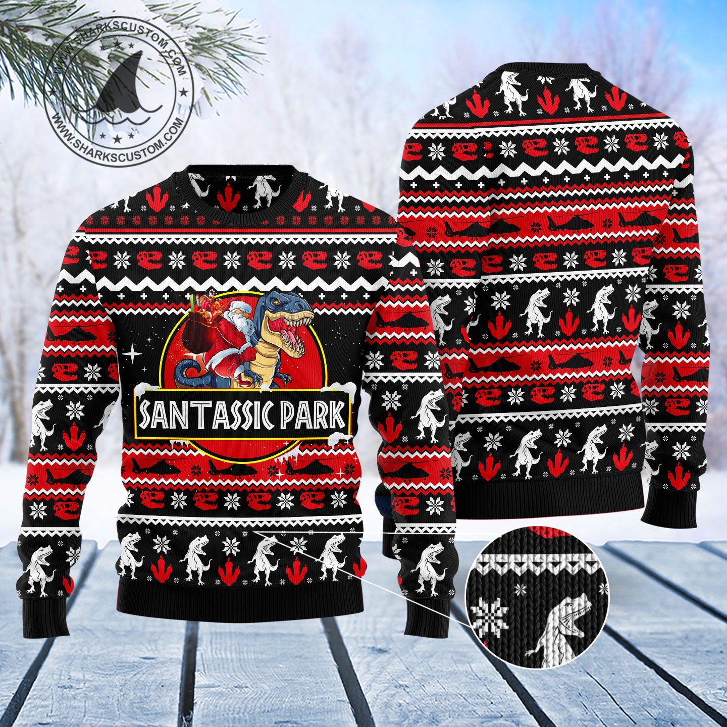 Santassic Park T0611 Ugly Christmas Sweater unisex womens & mens, couples matching, friends, funny family sweater gifts (plus size available)