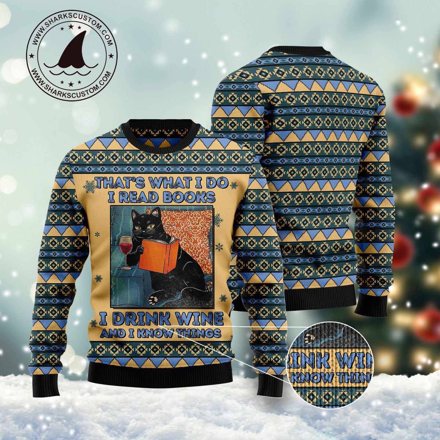 Black Cat Read Books Drink Wine Know Things G5121 unisex womens & mens, couples matching, friends, black cat lover, funny family ugly christmas holiday sweater gifts (plus size available)