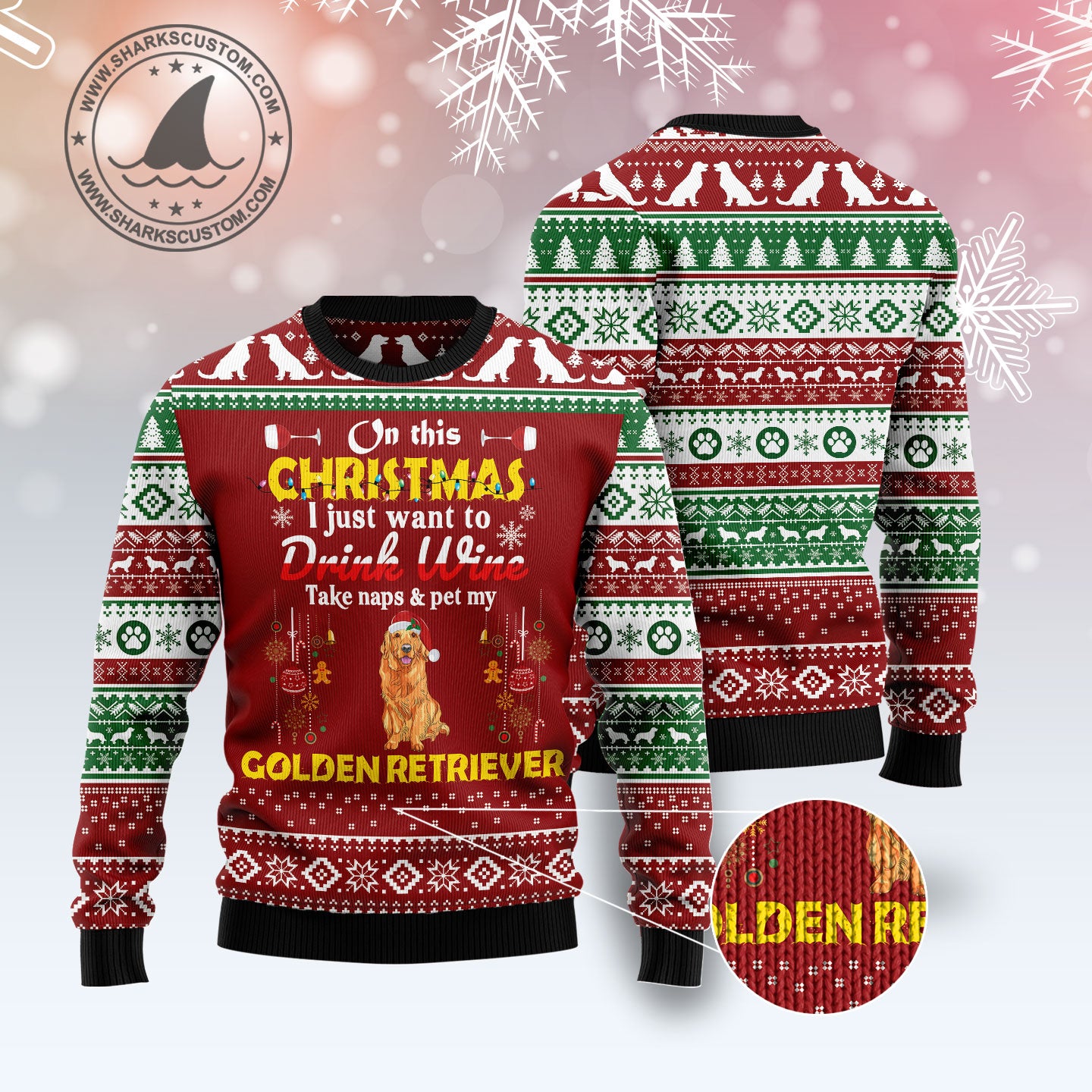 Drink Wine Pet My Golden Retriever G5121 unisex womens & mens, couples matching, friends, golden retriever lover, funny family ugly christmas holiday sweater gifts (plus size available)