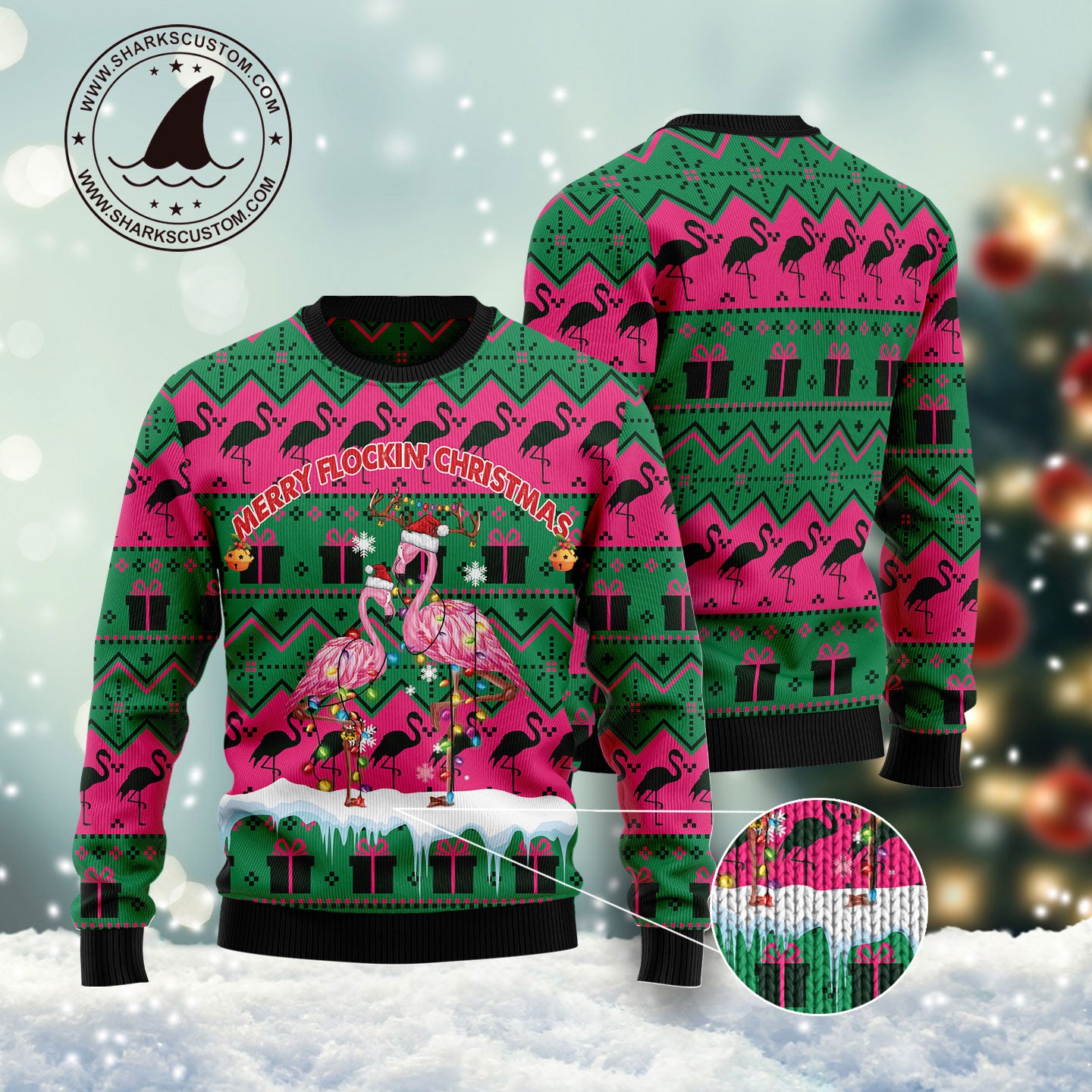 Merry Flockin‘ Christmas Flamingo G5124 unisex womens & mens, couples matching, friends, flamingo lover, funny family ugly christmas holiday sweater gifts (plus size available)