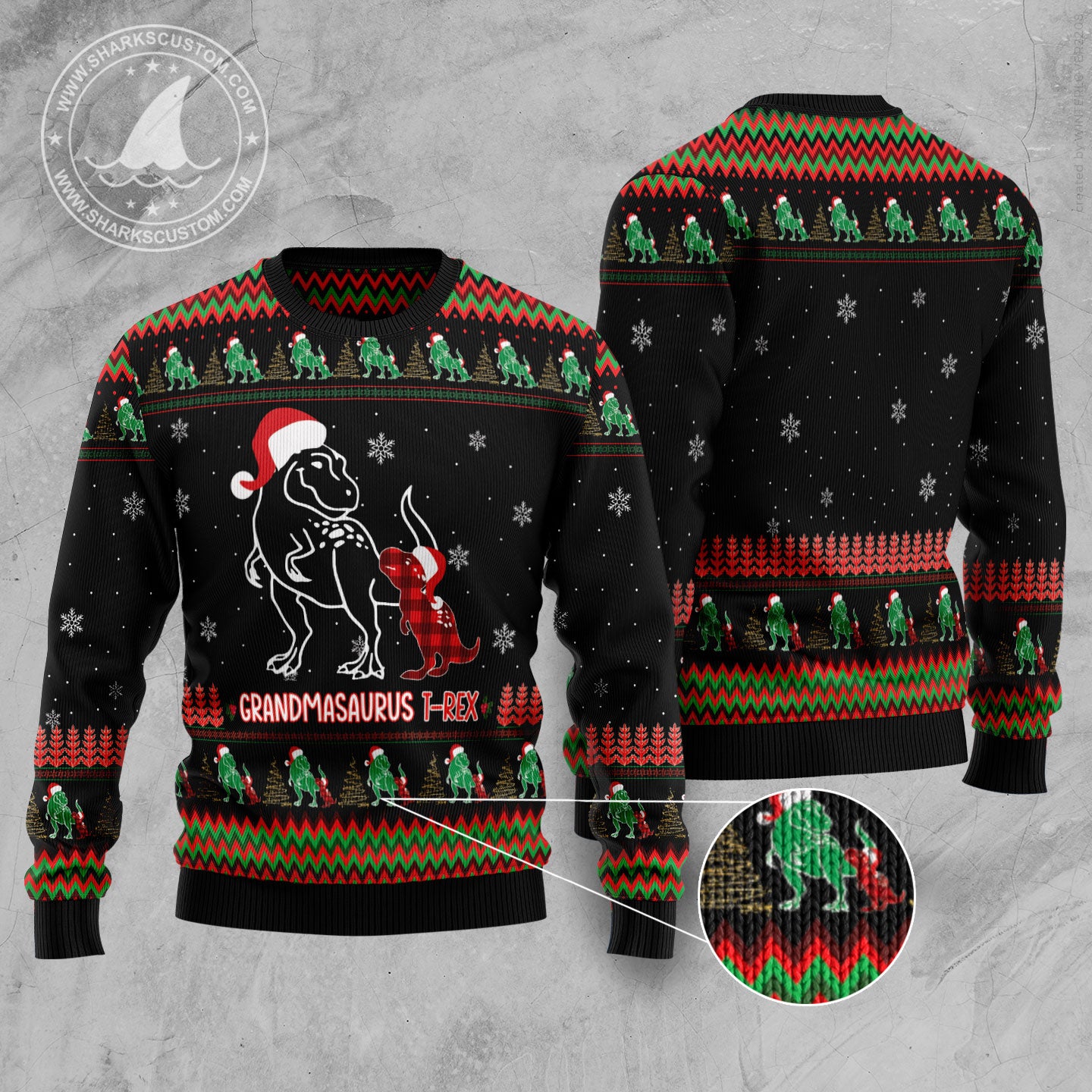 Grandmasaurus TG5121 unisex womens & mens, couples matching, friends, t-rex lover, funny family ugly christmas holiday sweater gifts (plus size available)