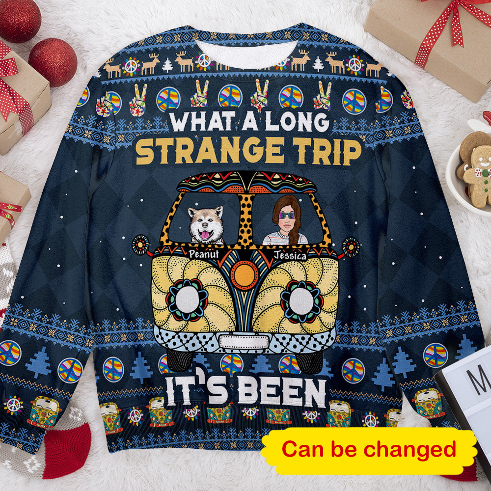 What A Long Strange Trip It's Been Hippie Camper Dog Personalizedwitch Christmas Sweater