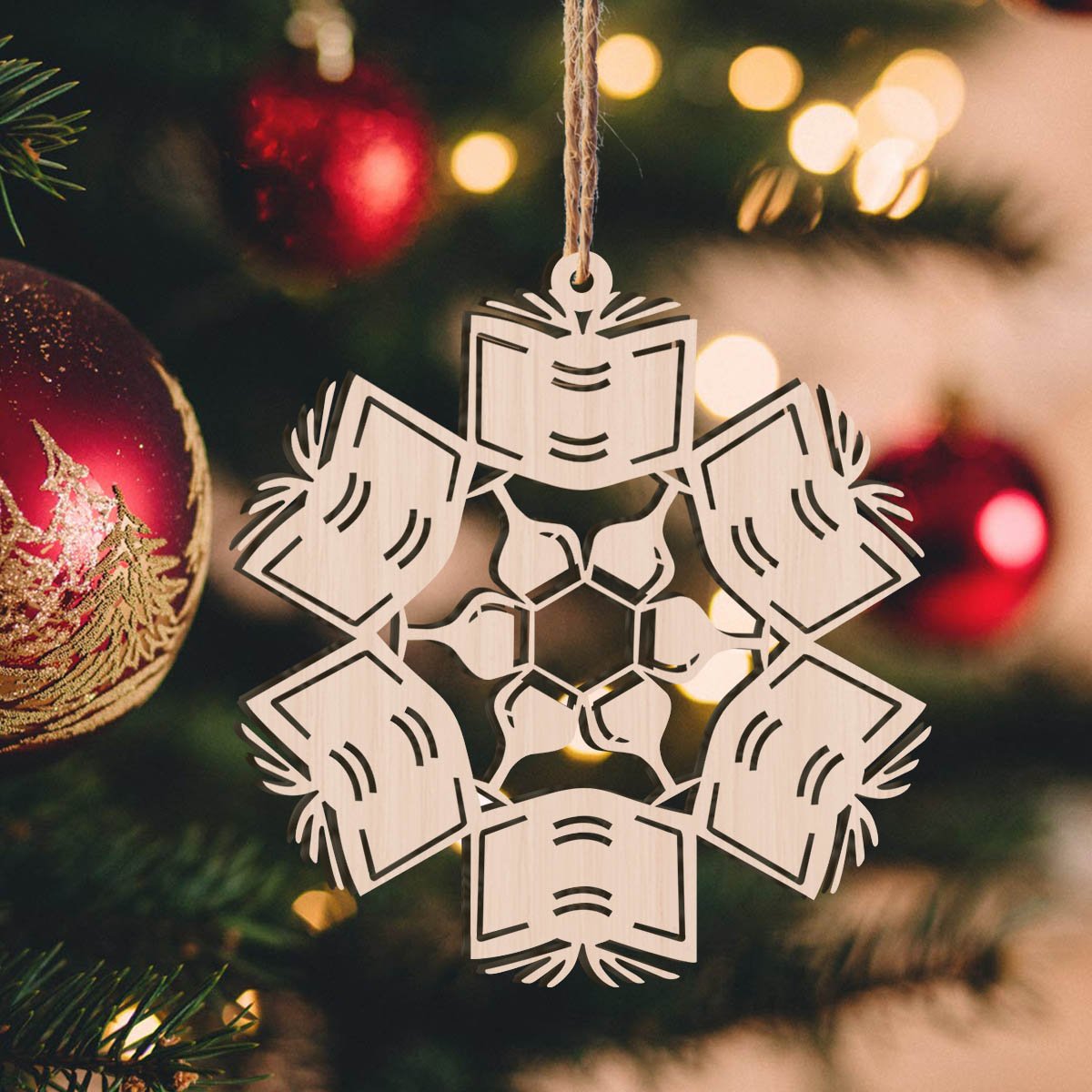 Book and Wine Snowflake Personalizedwitch Christmas Wood Ornament