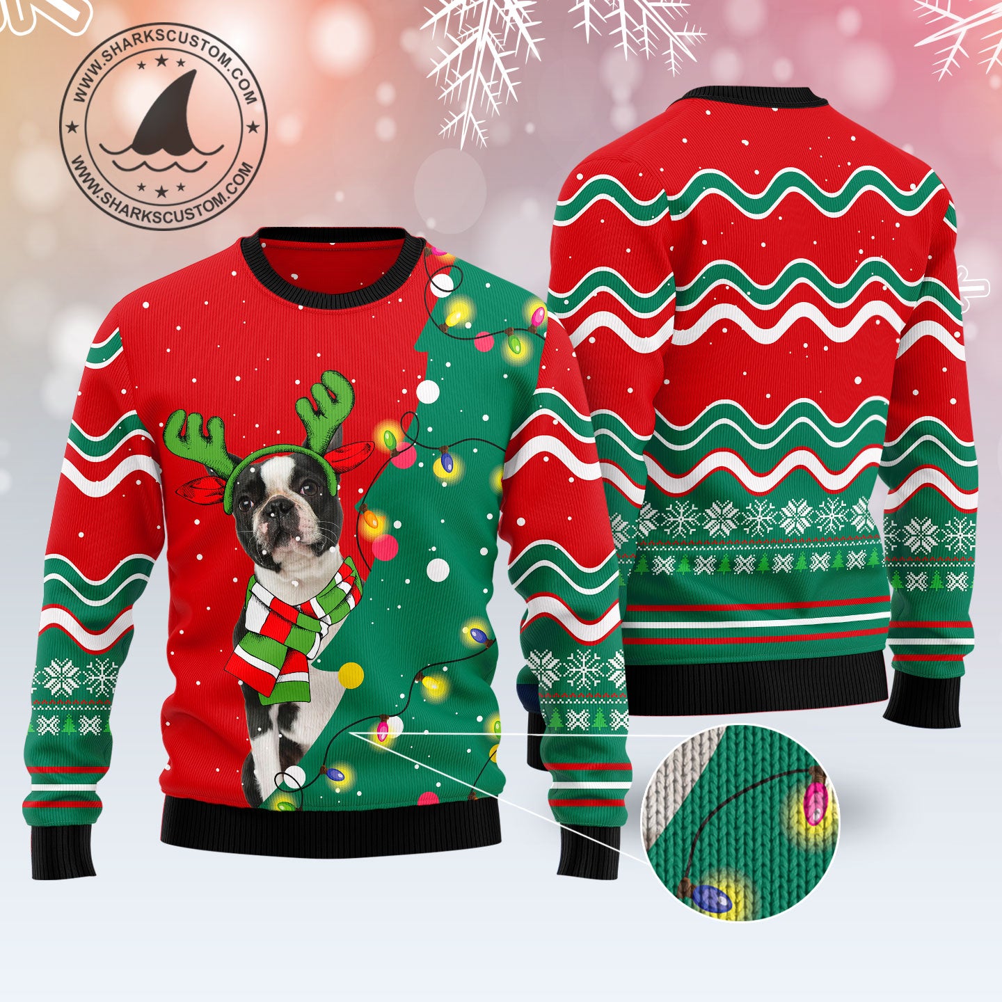 Boston Terrier Christmas Tree TY0312 unisex womens & mens, couples matching, friends, funny family ugly christmas holiday sweater gifts (plus size available)