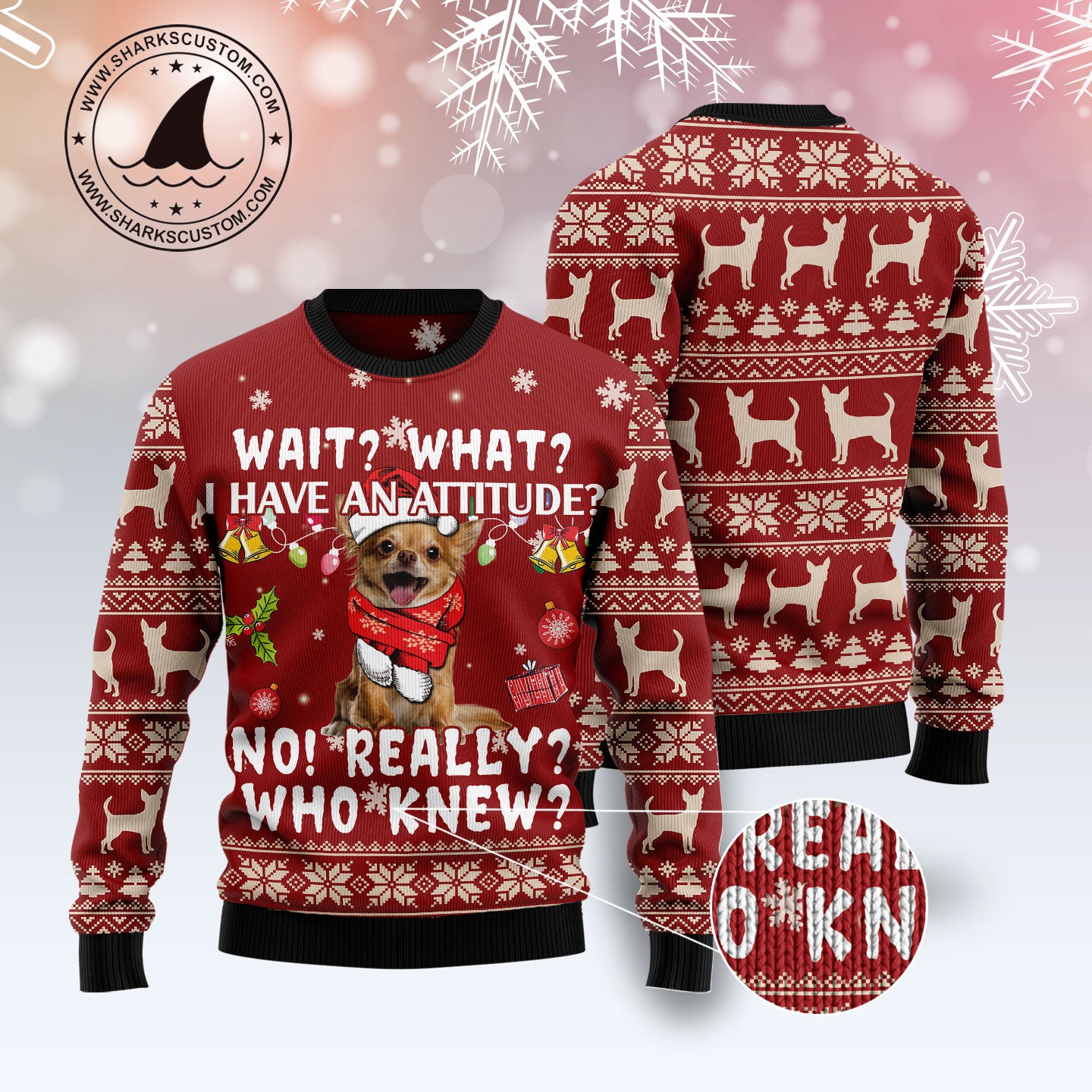 Chihuahua Attitude T2511 unisex womens & mens, couples matching, friends, funny family ugly christmas holiday sweater gifts (plus size available)