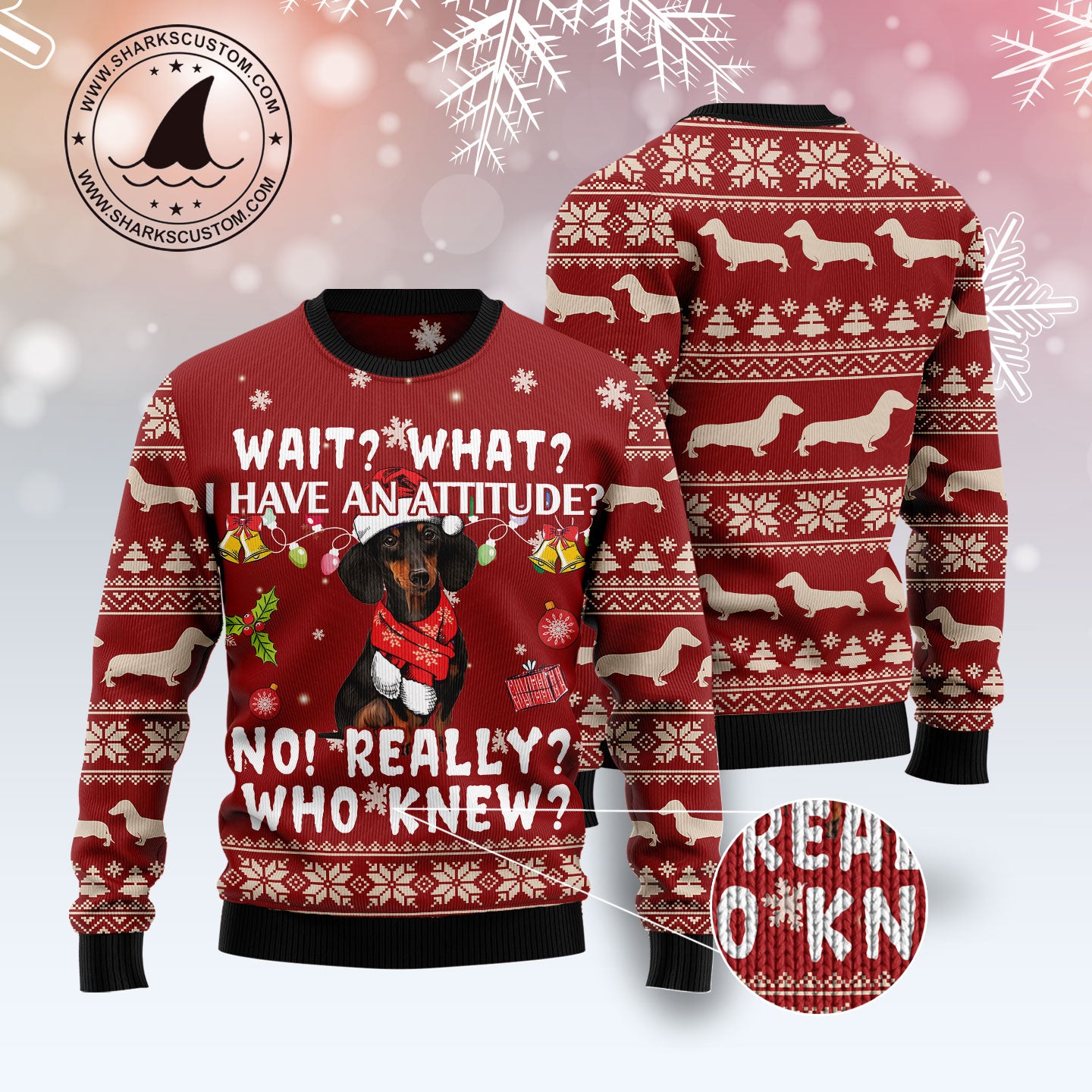 Dachshund Attitude T2511 unisex womens & mens, couples matching, friends, funny family ugly christmas holiday sweater gifts (plus size available)