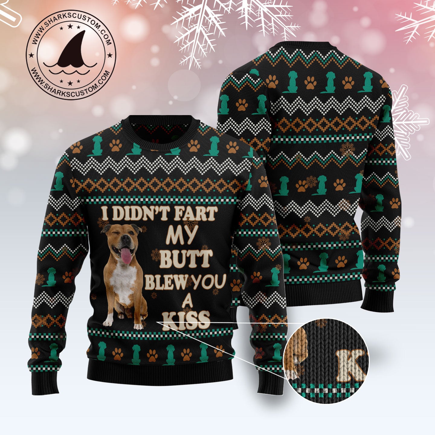 Pit Bull A Kiss T2611 unisex womens & mens, couples matching, friends, funny family ugly christmas holiday sweater gifts (plus size available)