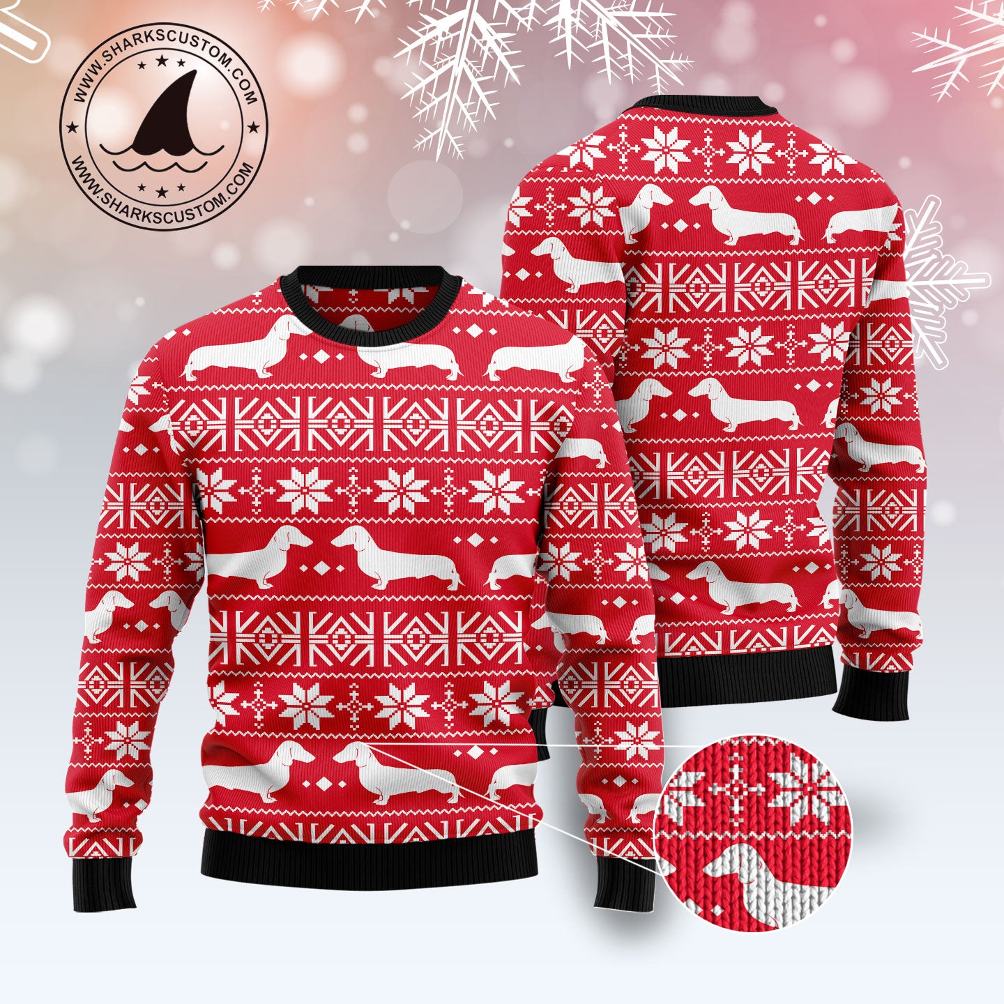 Dachshund Red Christmas Pattern T0412 unisex womens & mens, couples matching, friends, funny family ugly christmas holiday sweater gifts (plus size available)