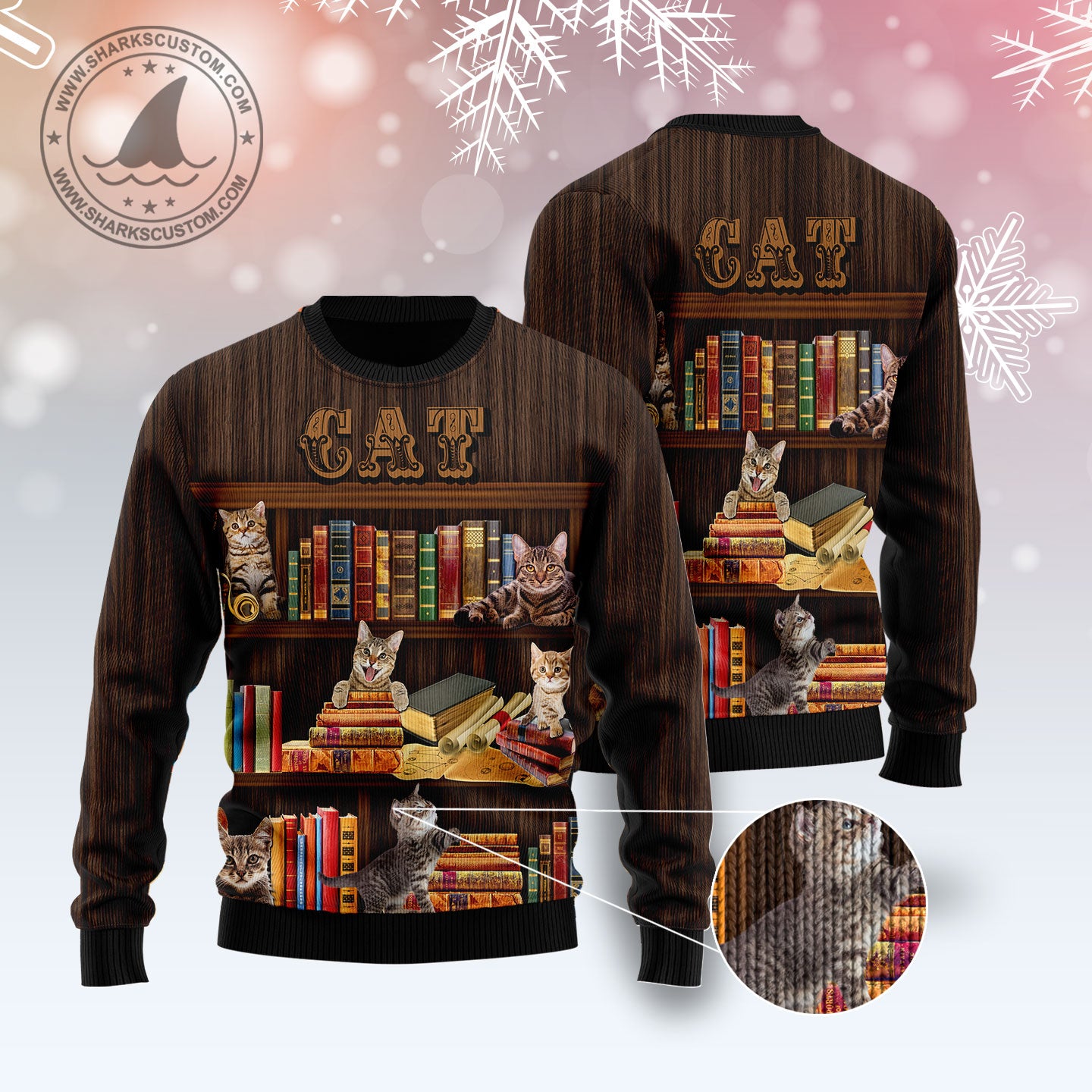 Cat Bookcase T2110 Ugly Christmas Sweater