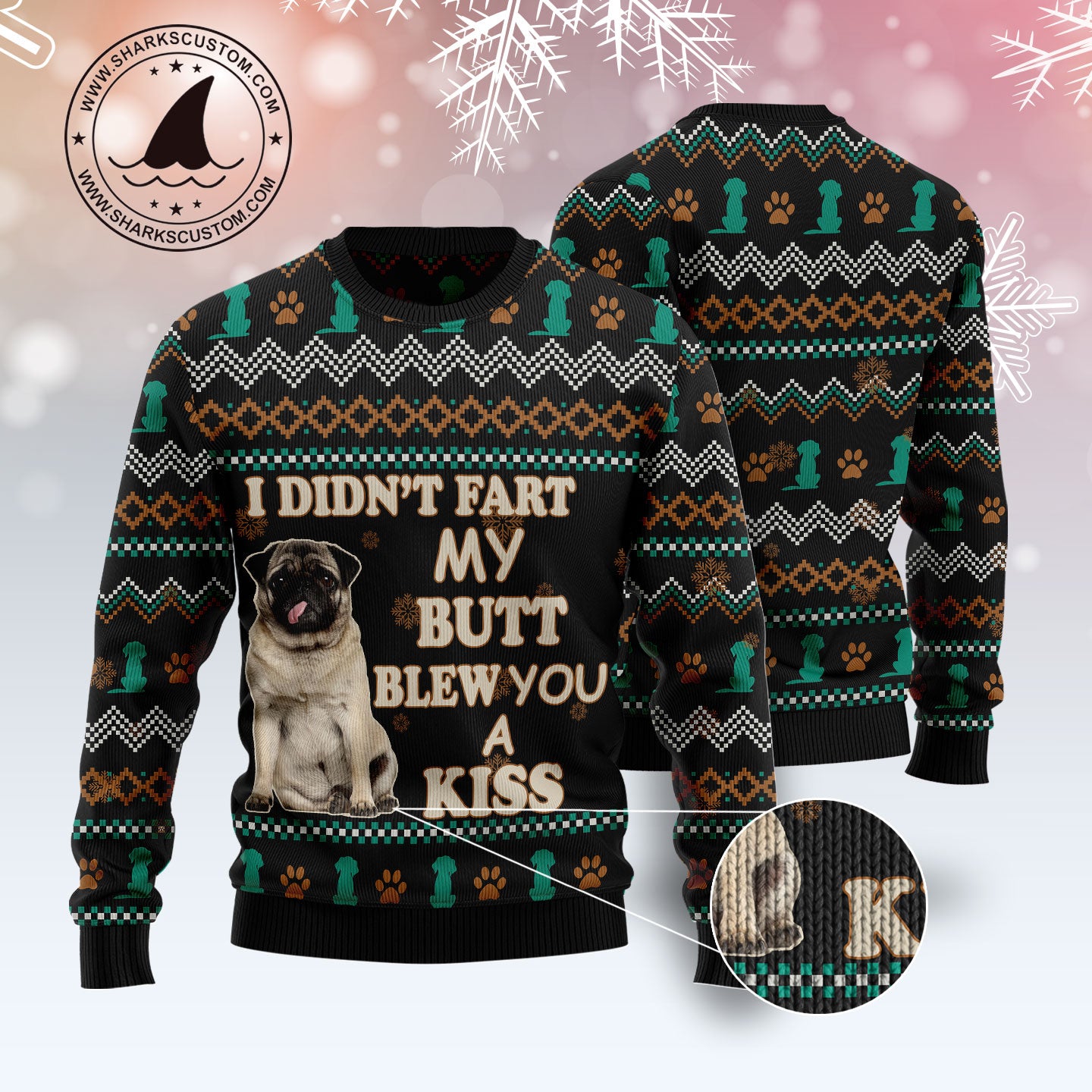 Pug A Kiss T2611 unisex womens & mens, couples matching, friends, funny family ugly christmas holiday sweater gifts (plus size available)