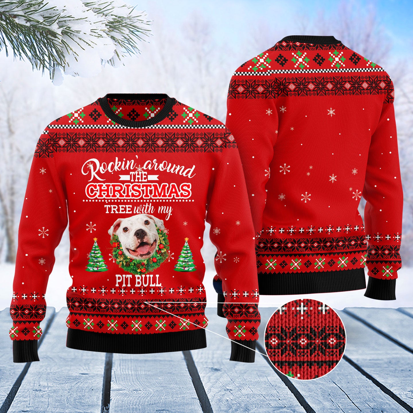 Pit Bull Rockin' TY0712 unisex womens & mens, couples matching, friends, funny family ugly christmas holiday sweater gifts (plus size available)
