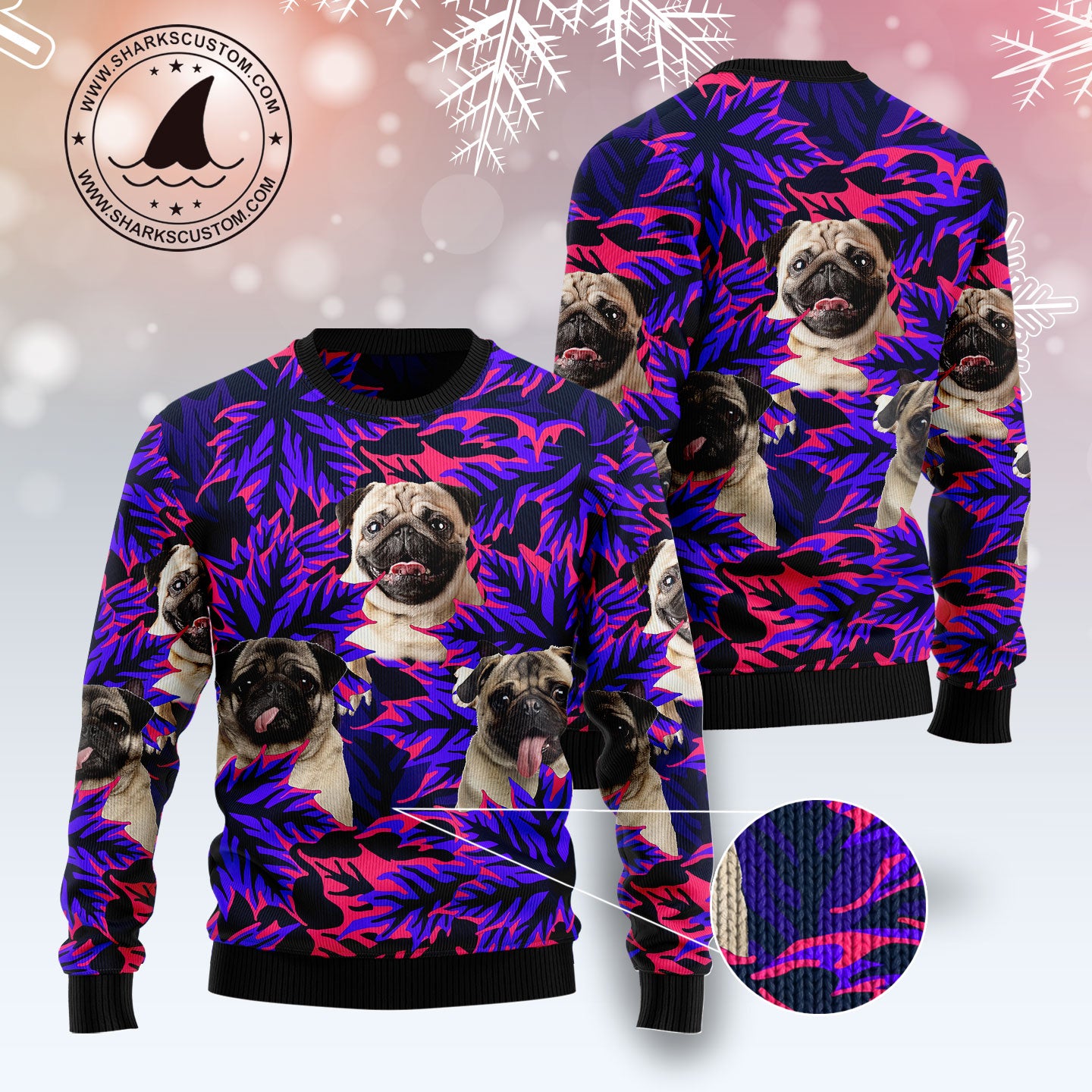 Pug Leaves TY0112 unisex womens & mens, couples matching, friends, funny family ugly christmas holiday sweater gifts (plus size available)