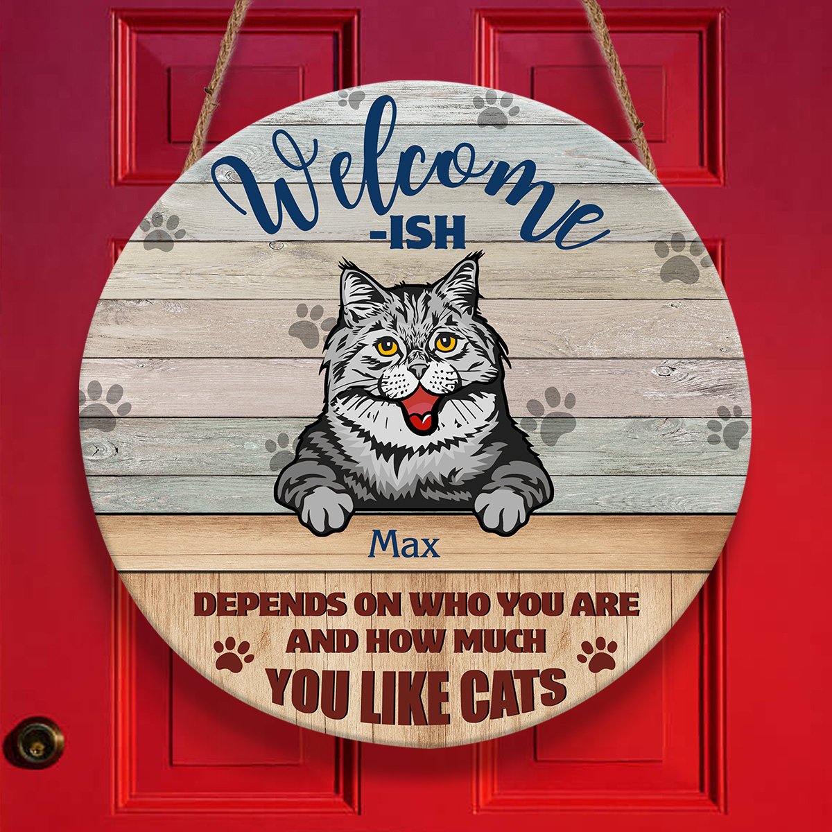 Welcome-ish Cat Christmas Door Sign Personalizedwitch Personalized Round Wood Sign Outdoor Decor