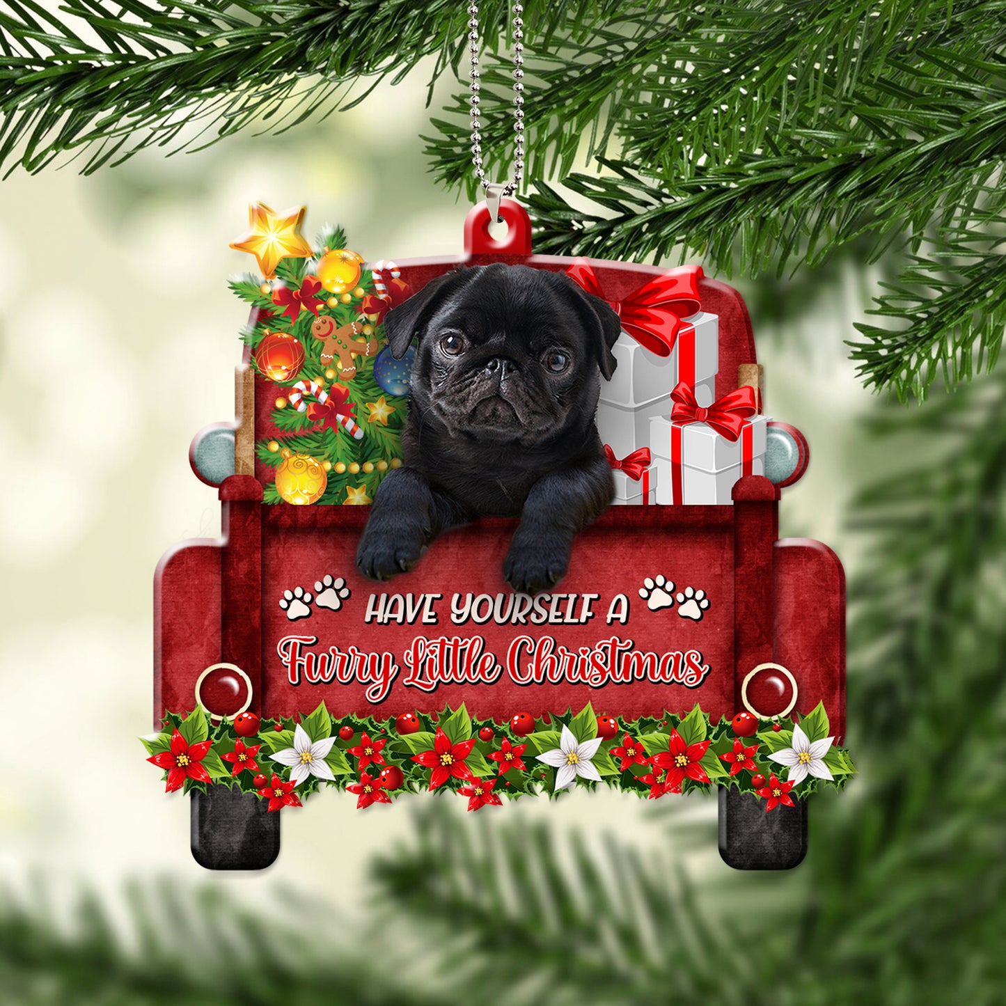 Pug Red Truck Acrylic Ornament