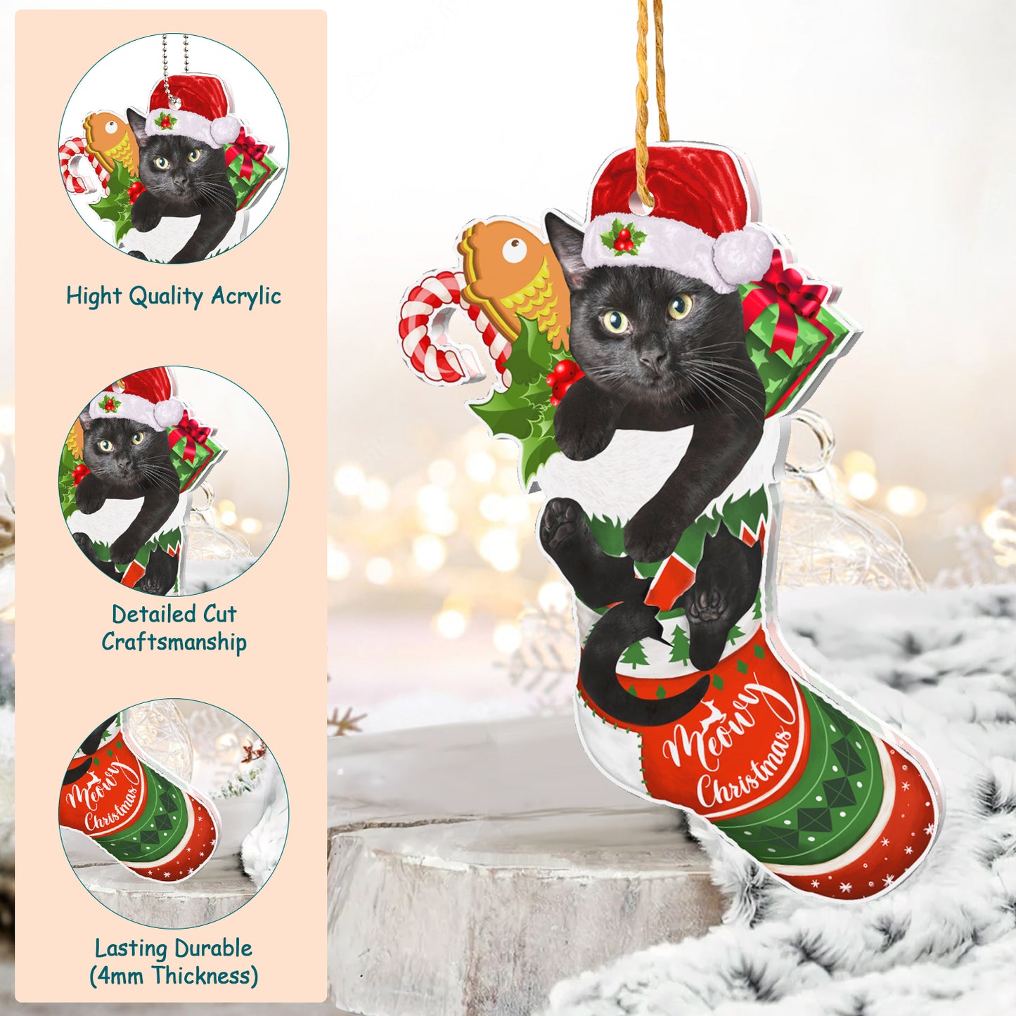Black Cat Christmas Tree Socks Acrylic Ornament