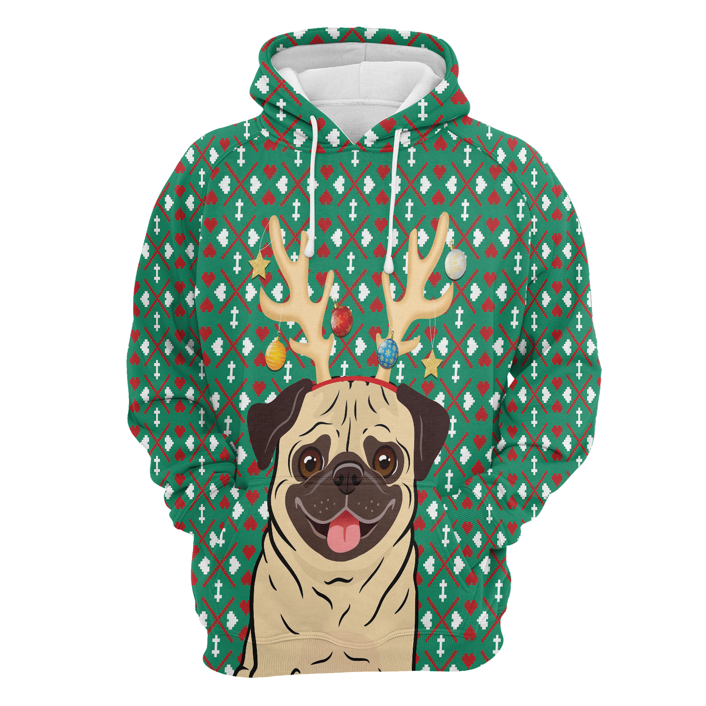 Reindeer Pug All Over Print Unisex Hoodie