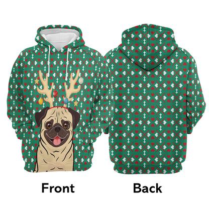 Reindeer Pug All Over Print Unisex Hoodie