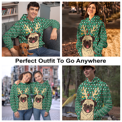 Reindeer Pug All Over Print Unisex Hoodie