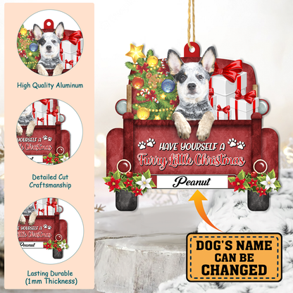 Personalized Australian Cattle Dog Red Truck Christmas Aluminum Ornament
