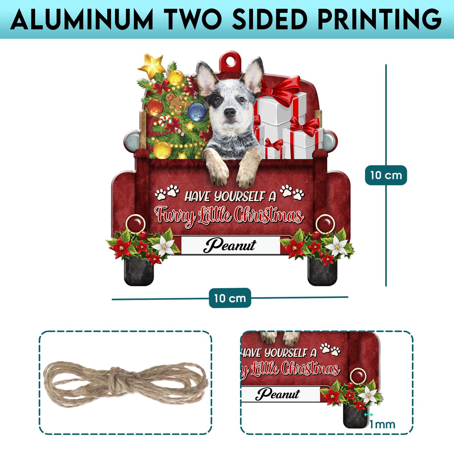 Personalized Australian Cattle Dog Red Truck Christmas Aluminum Ornament