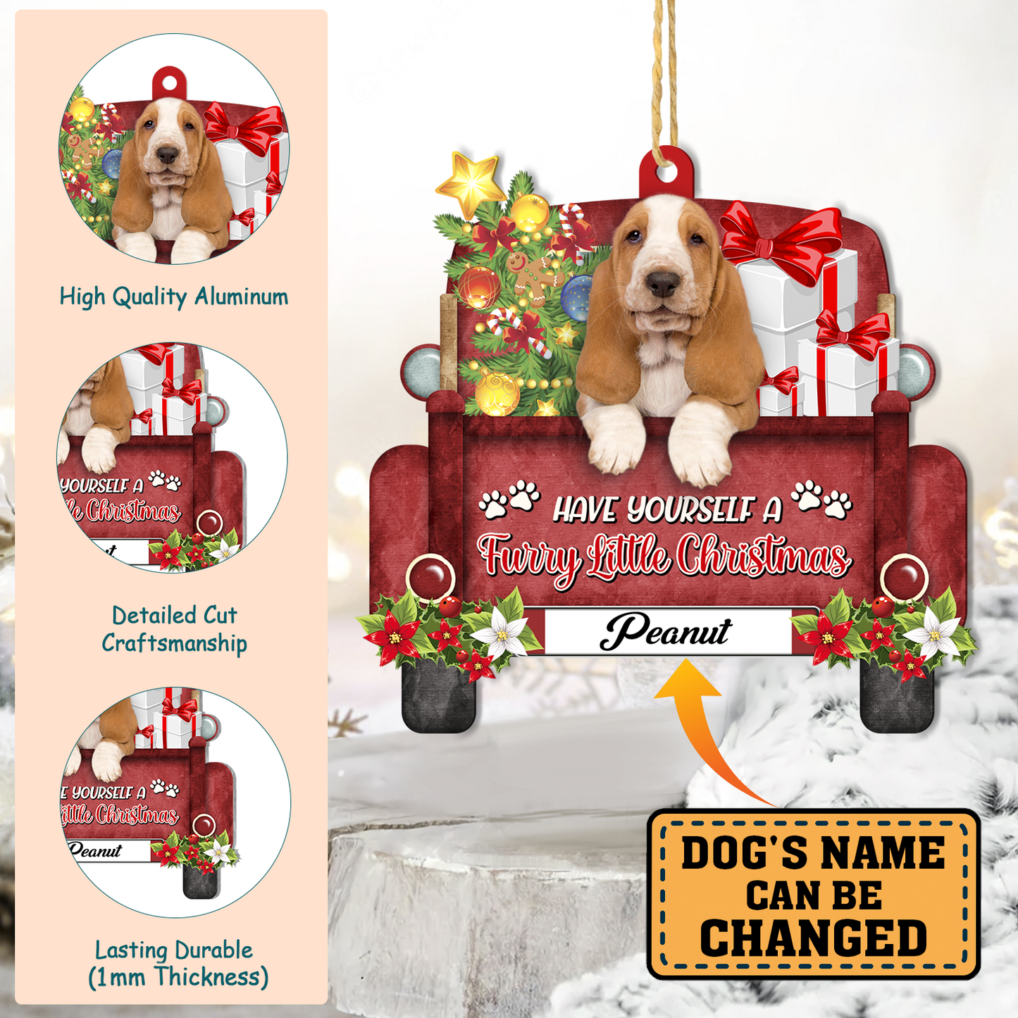 Personalized Basset Hound Red Truck Christmas Aluminum Ornament