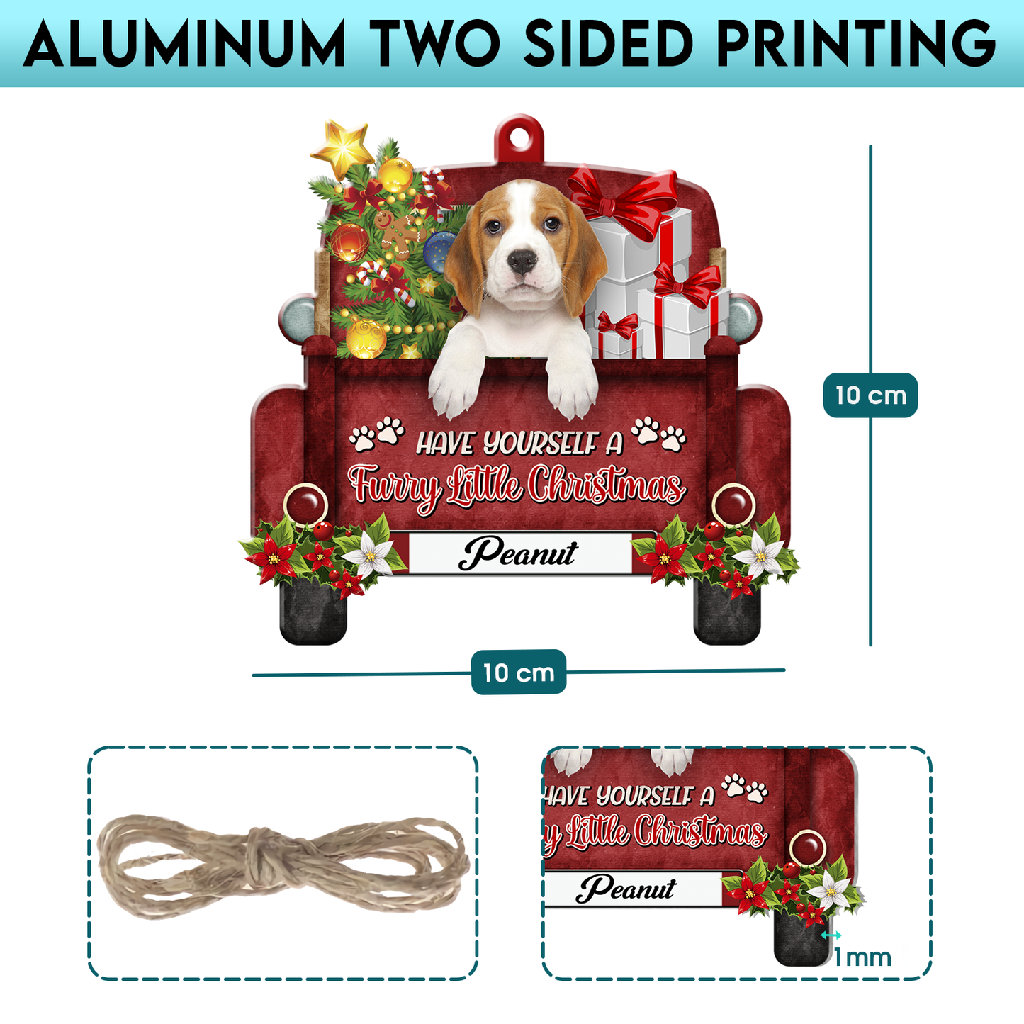 Personalized Beagle Red Truck Christmas Aluminum Ornament