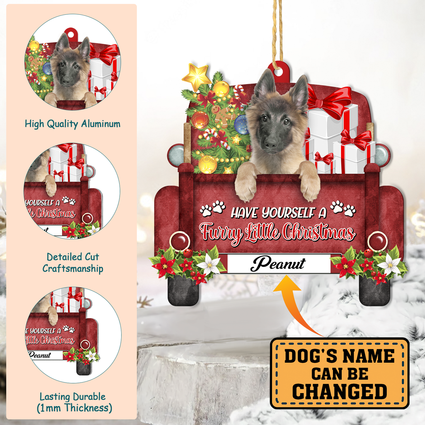 Belgian Malinois Red Truck Personalized Aluminum Ornament