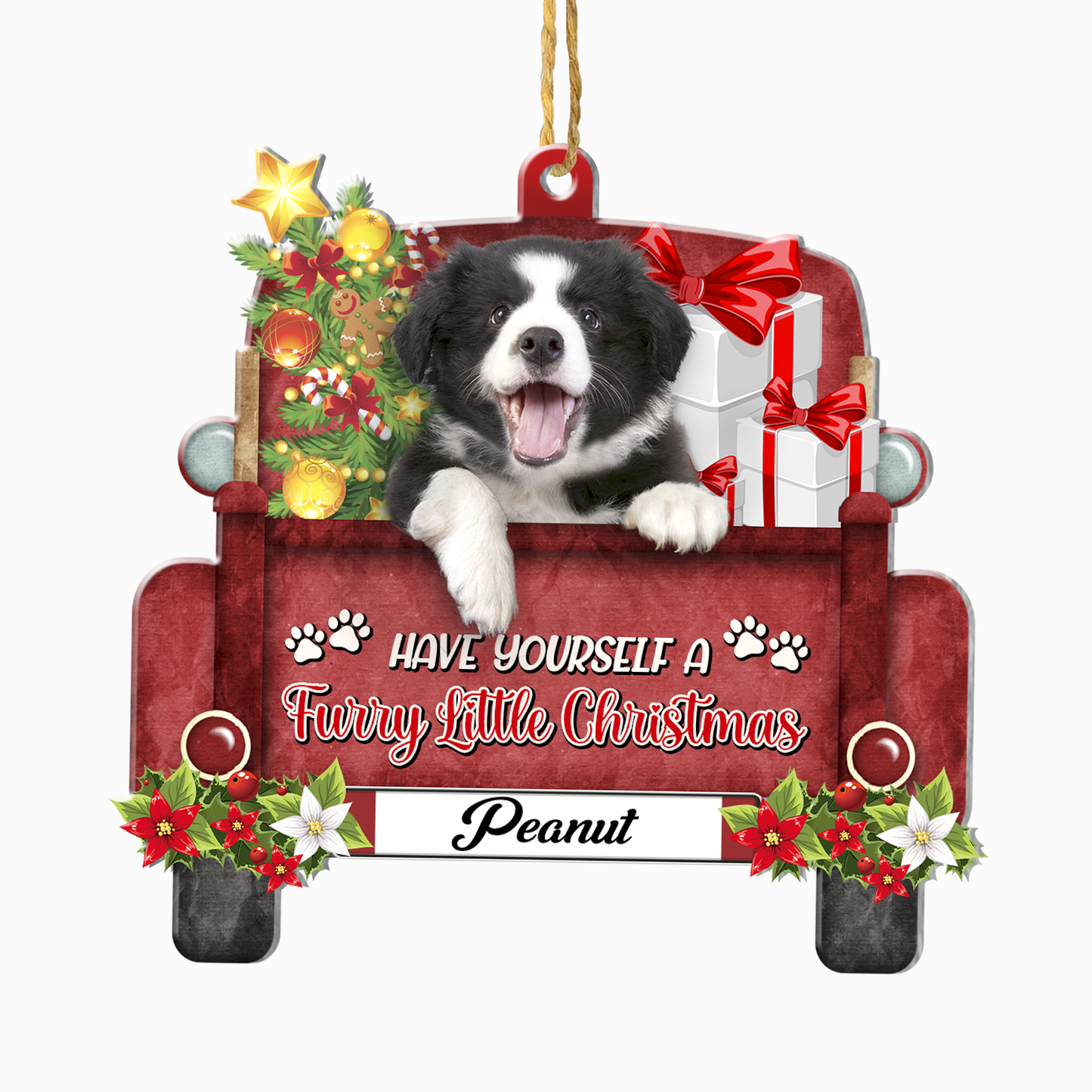 Personalized Border Collie Red Truck Christmas Aluminum Ornament