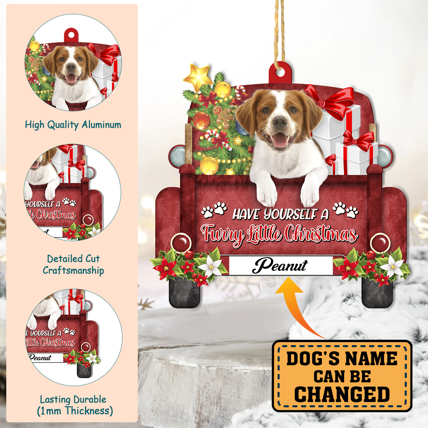 Personalized Brittany Spaniel Red Truck Christmas Aluminum Ornament
