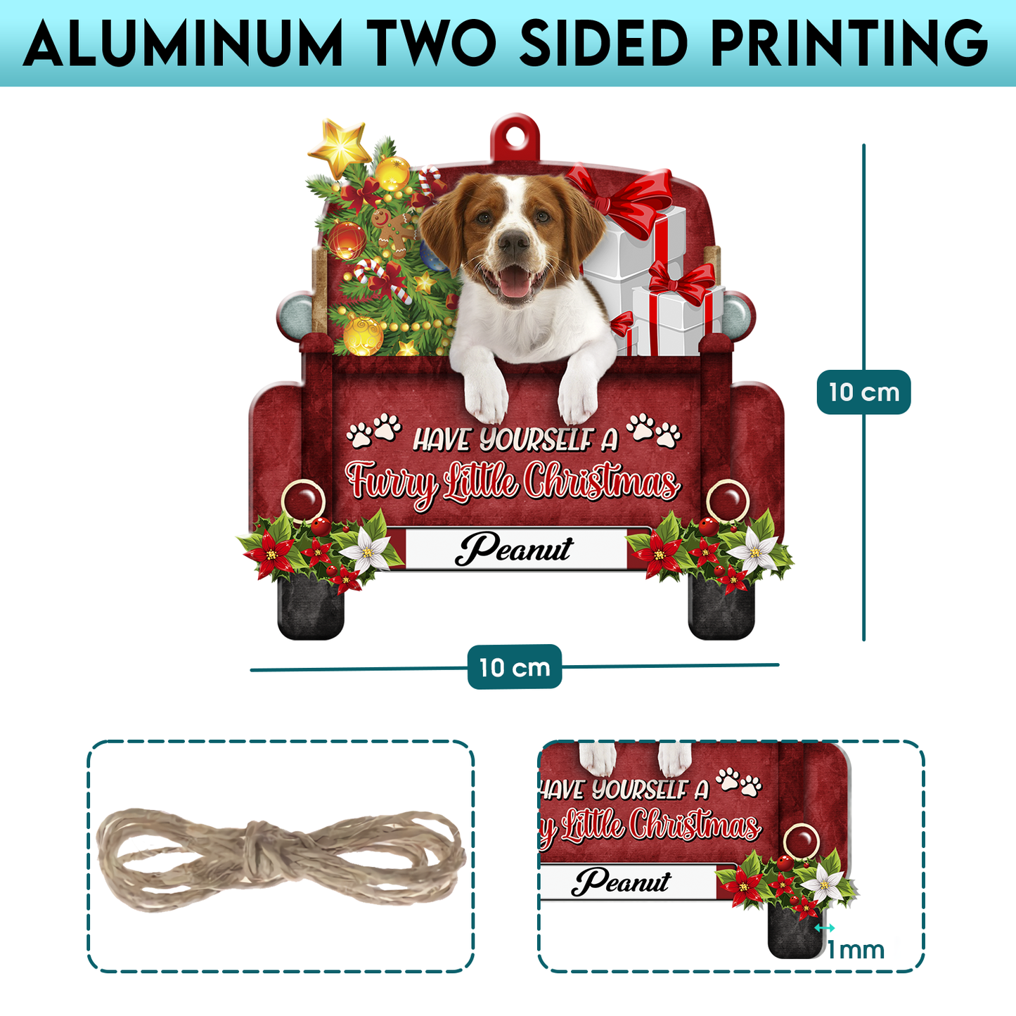 Personalized Brittany Spaniel Red Truck Christmas Aluminum Ornament