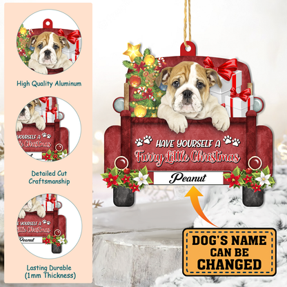 Personalized Bulldog Red Truck Christmas Aluminum Ornament