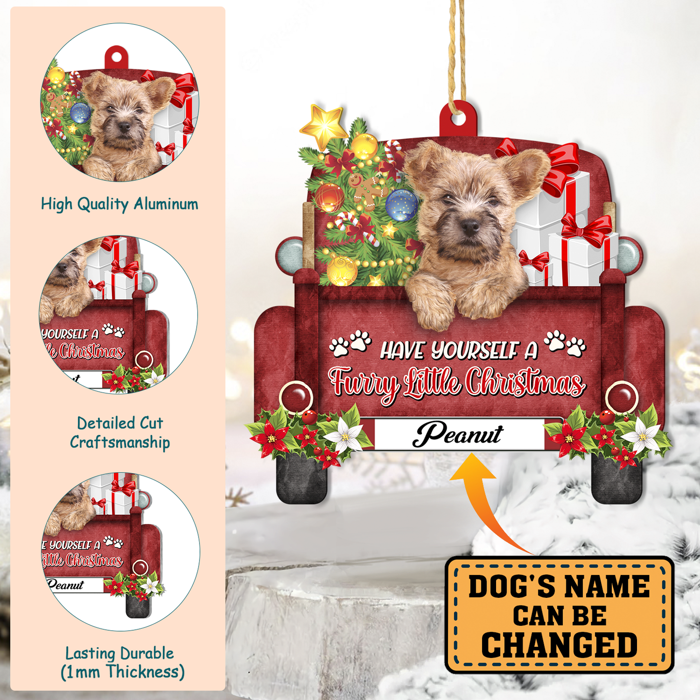 Personalized Cairn Terrier Red Truck Christmas Aluminum Ornament