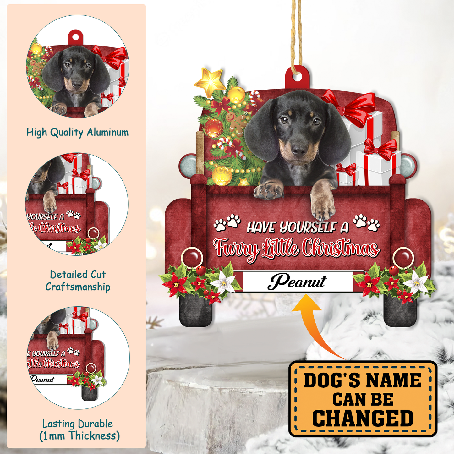 Personalized Dachshund Red Truck Christmas Aluminum Ornament