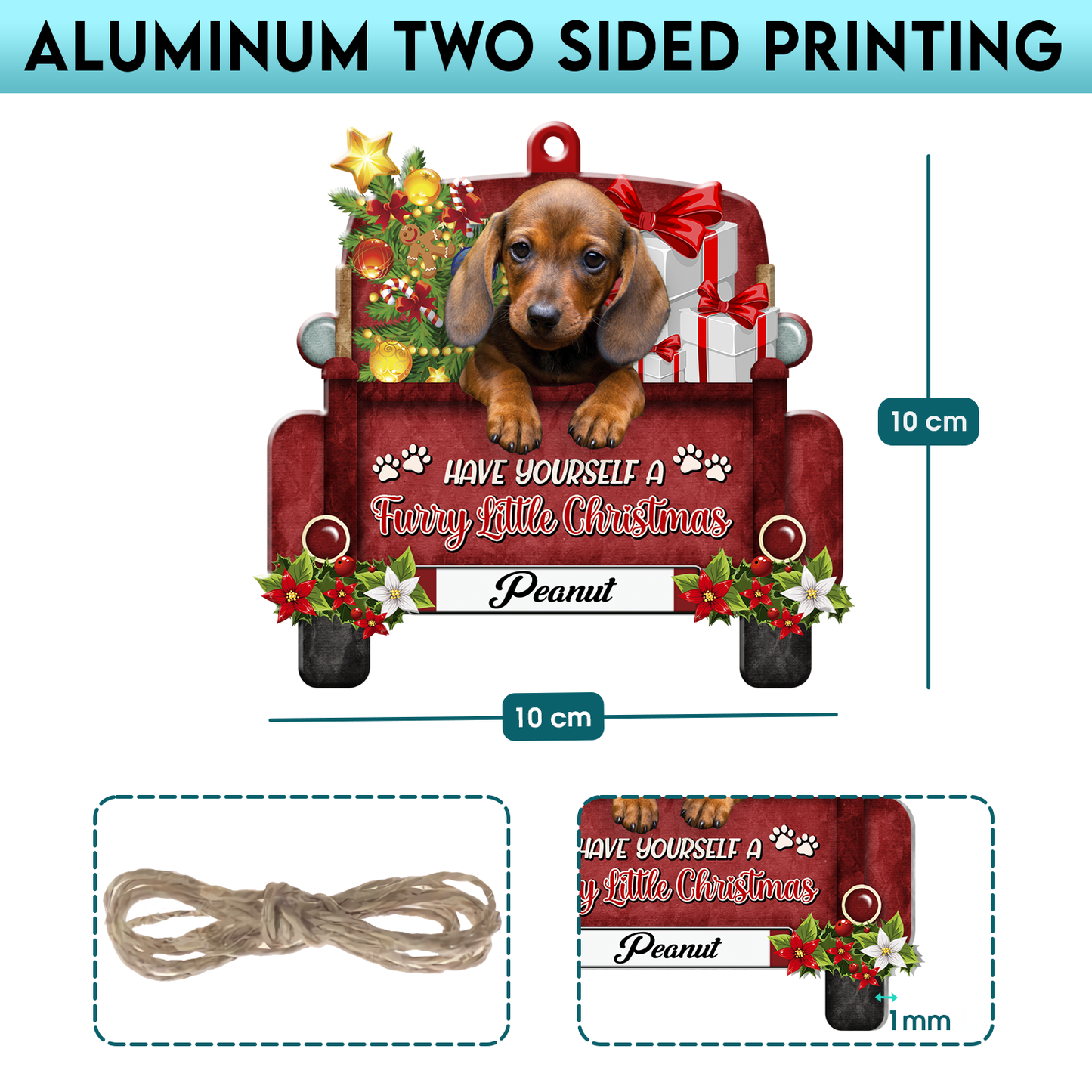 Personalized Dachshund Red Truck Christmas Aluminum Ornament