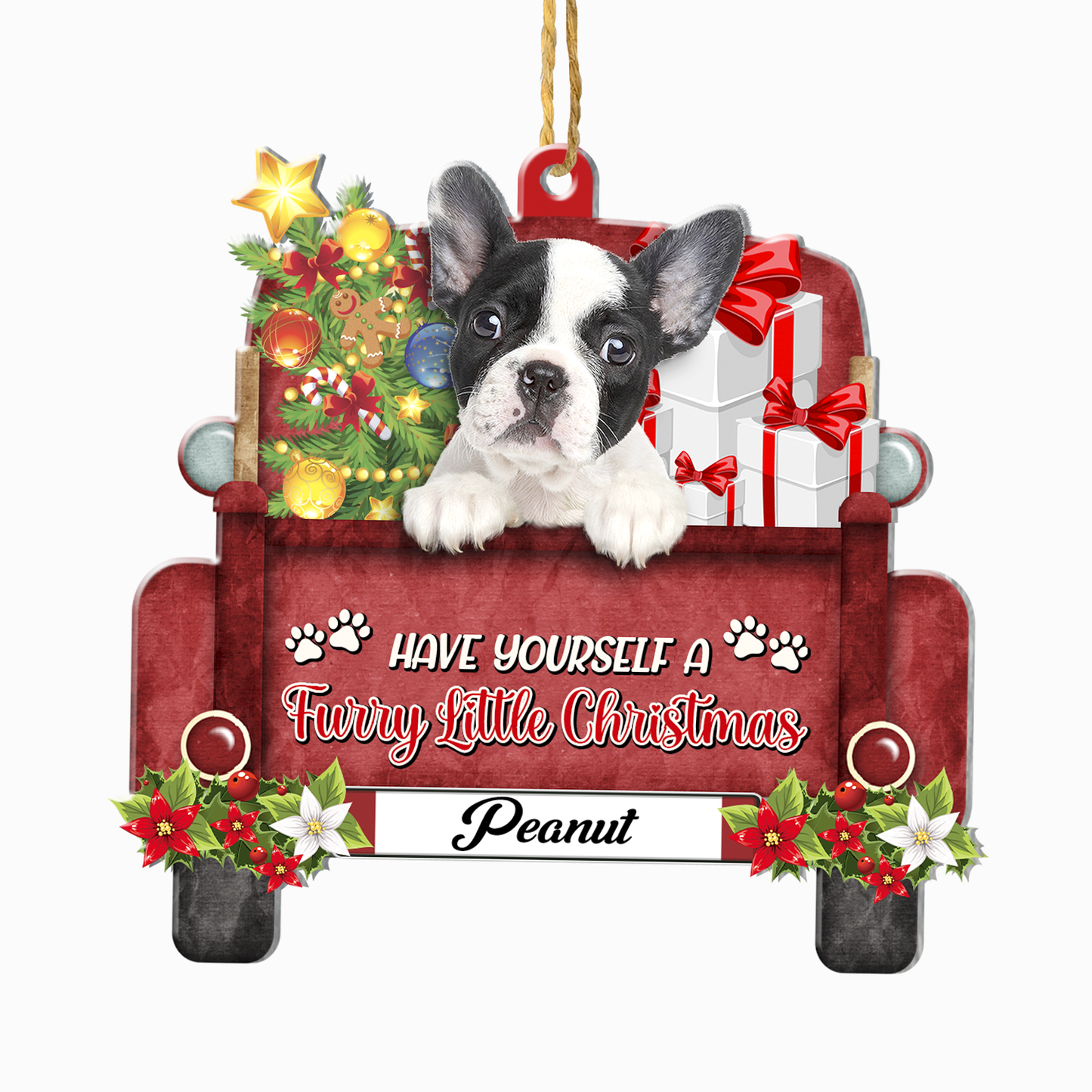 Personalized Black And White French Bulldog Red Truck Christmas Aluminum Ornament