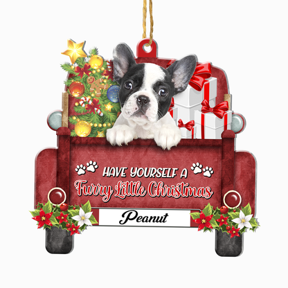 Personalized Black And White French Bulldog Red Truck Christmas Aluminum Ornament