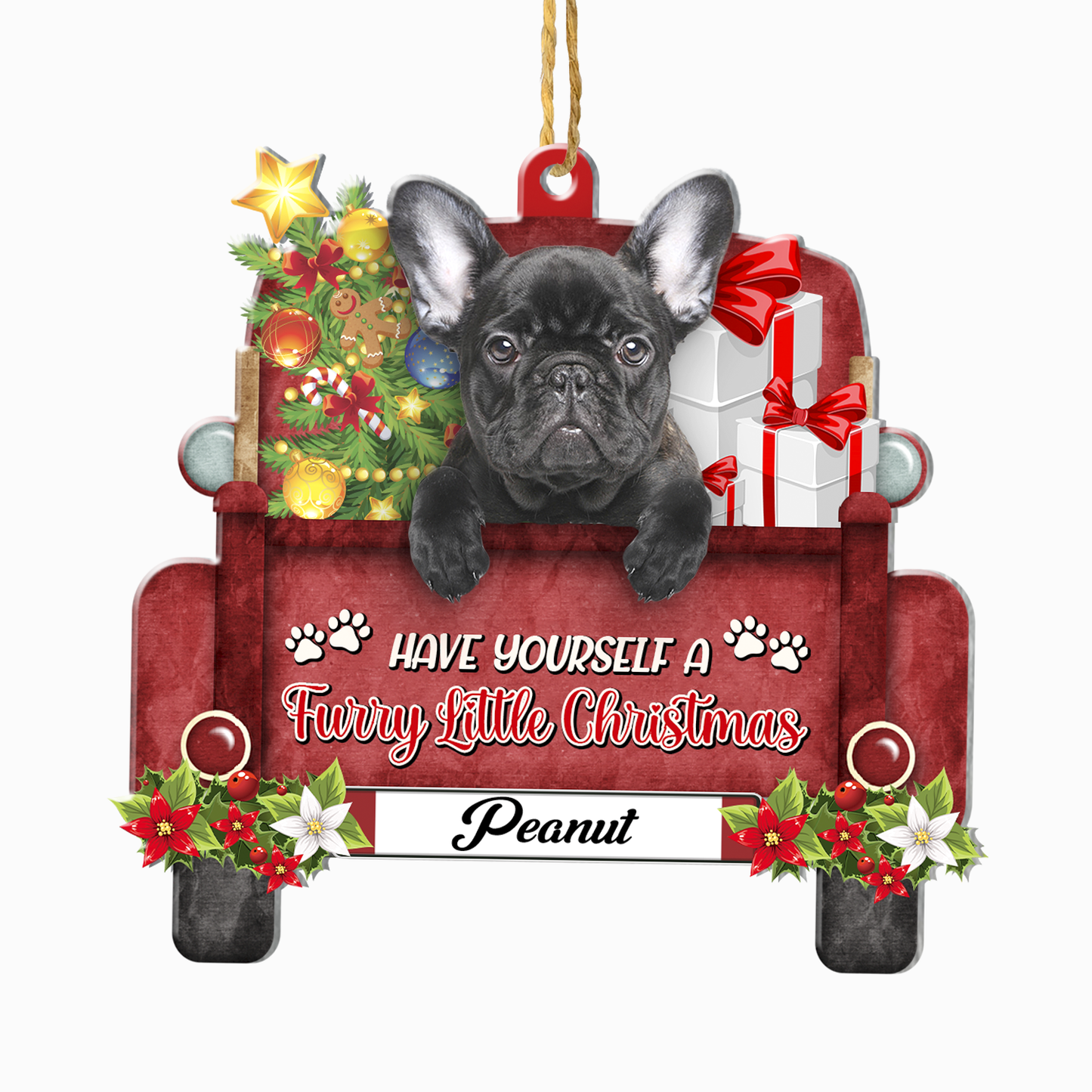 Personalized Black French Bulldog Red Truck Christmas Aluminum Ornament