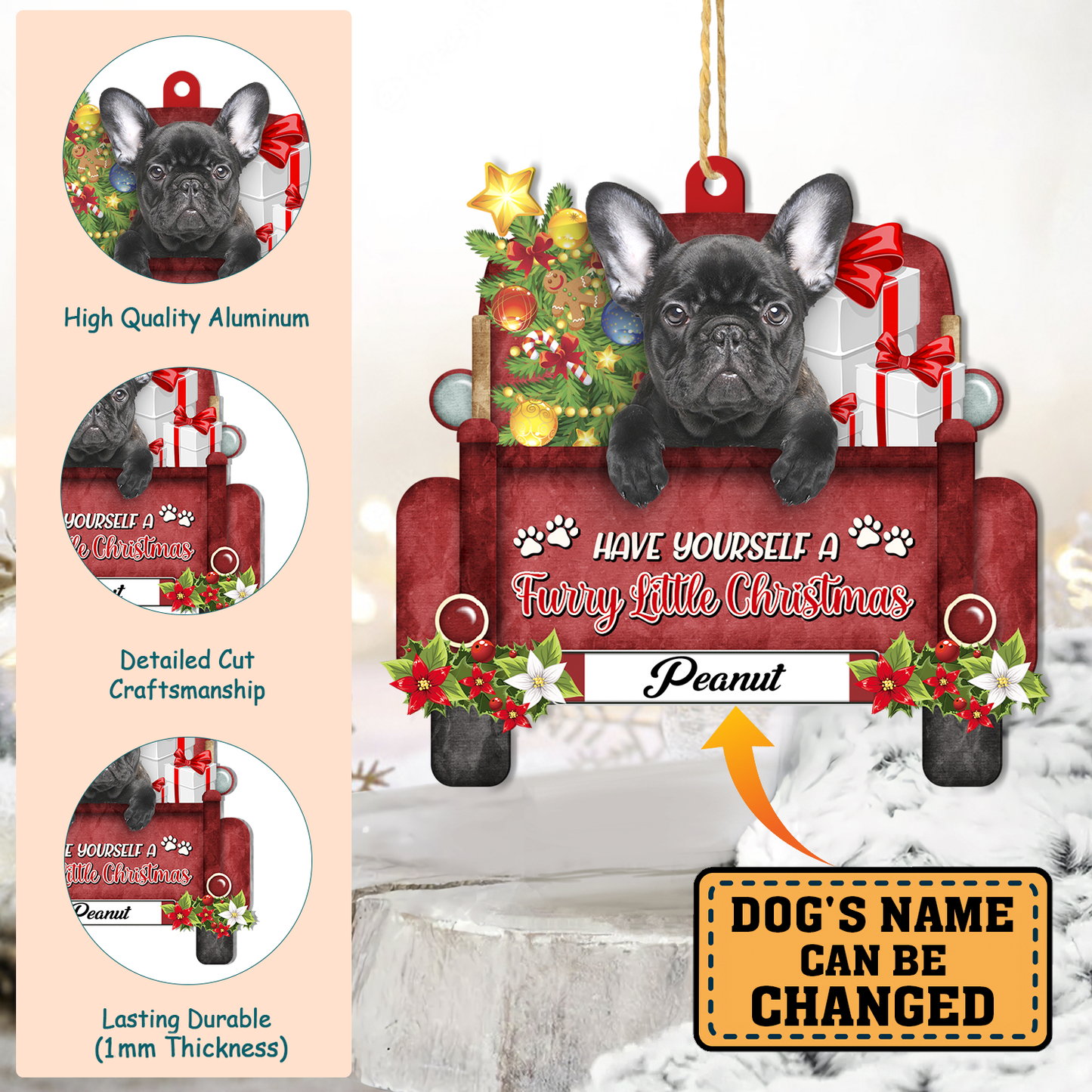 Personalized Black French Bulldog Red Truck Christmas Aluminum Ornament