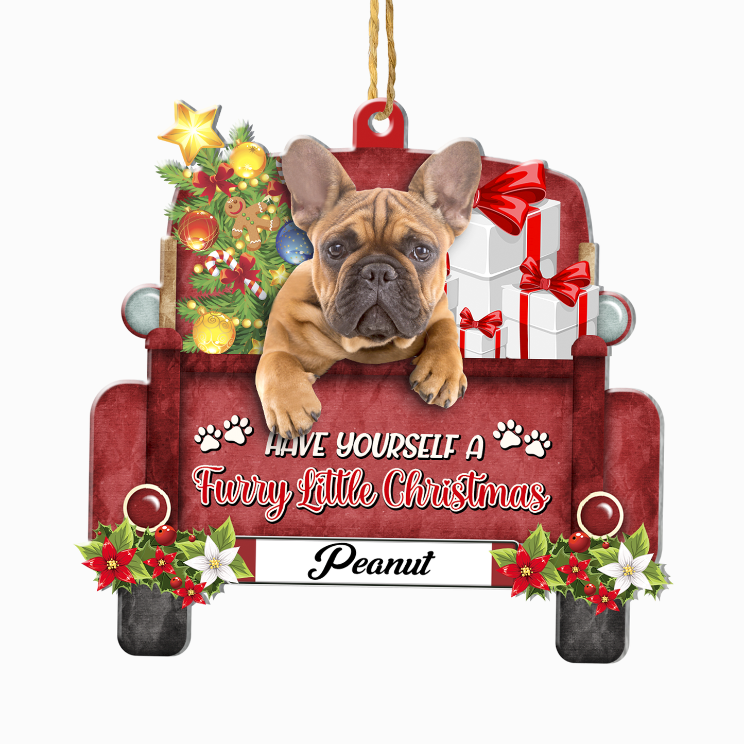Personalized Brown French Bulldog Red Truck Christmas Aluminum Ornament
