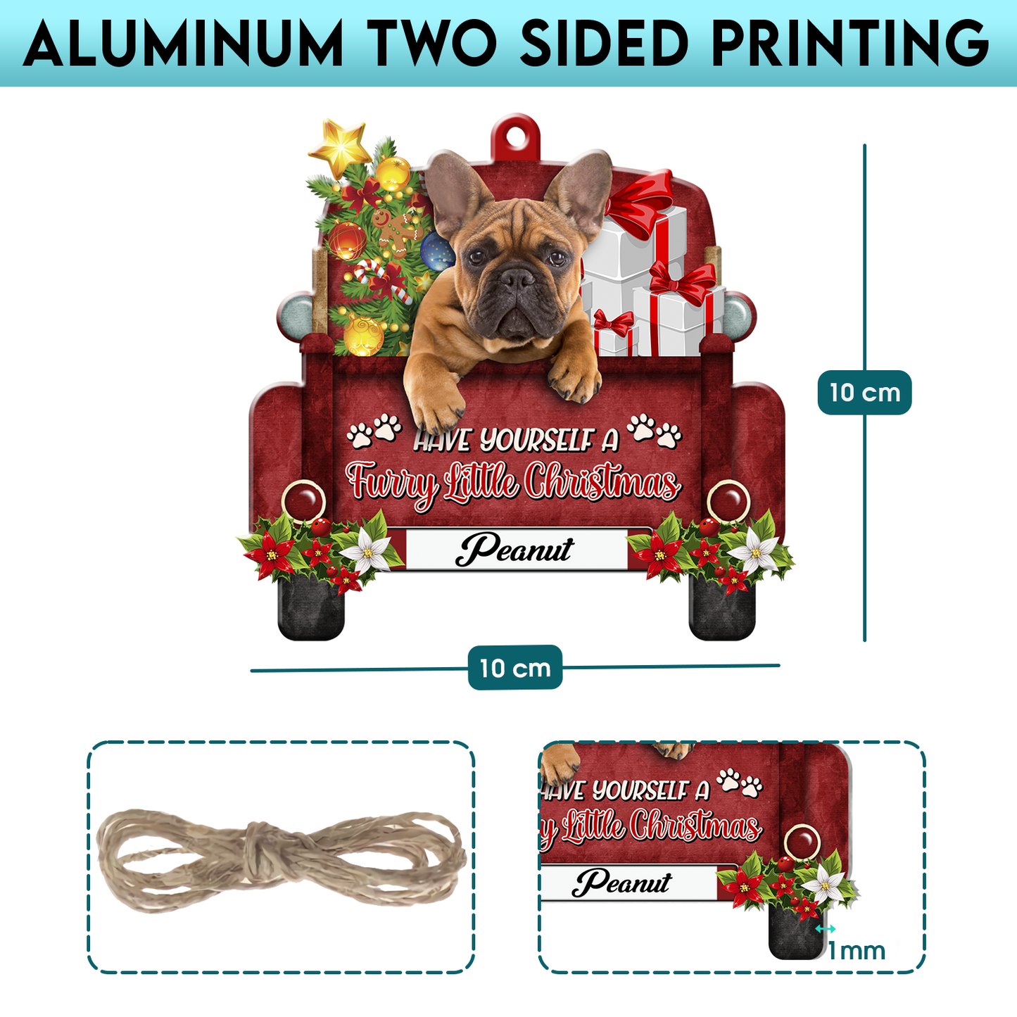 Personalized Brown French Bulldog Red Truck Christmas Aluminum Ornament