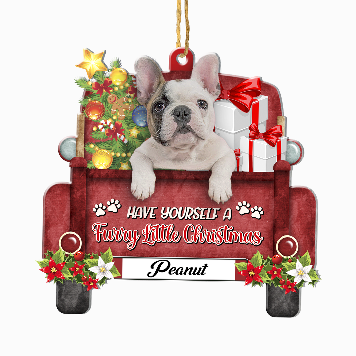 Personalized White French Bulldog Red Truck Christmas Aluminum Ornament