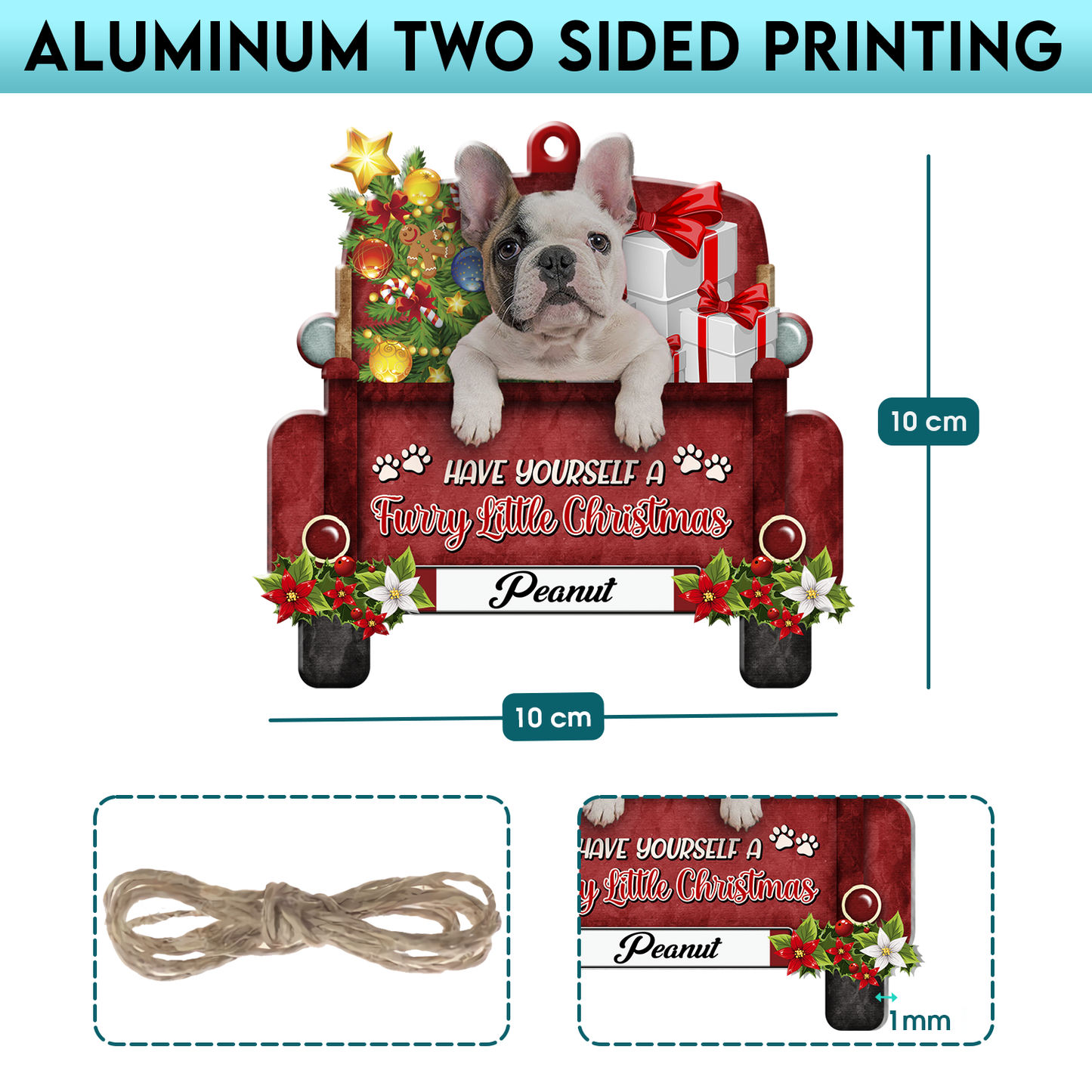 Personalized White French Bulldog Red Truck Christmas Aluminum Ornament