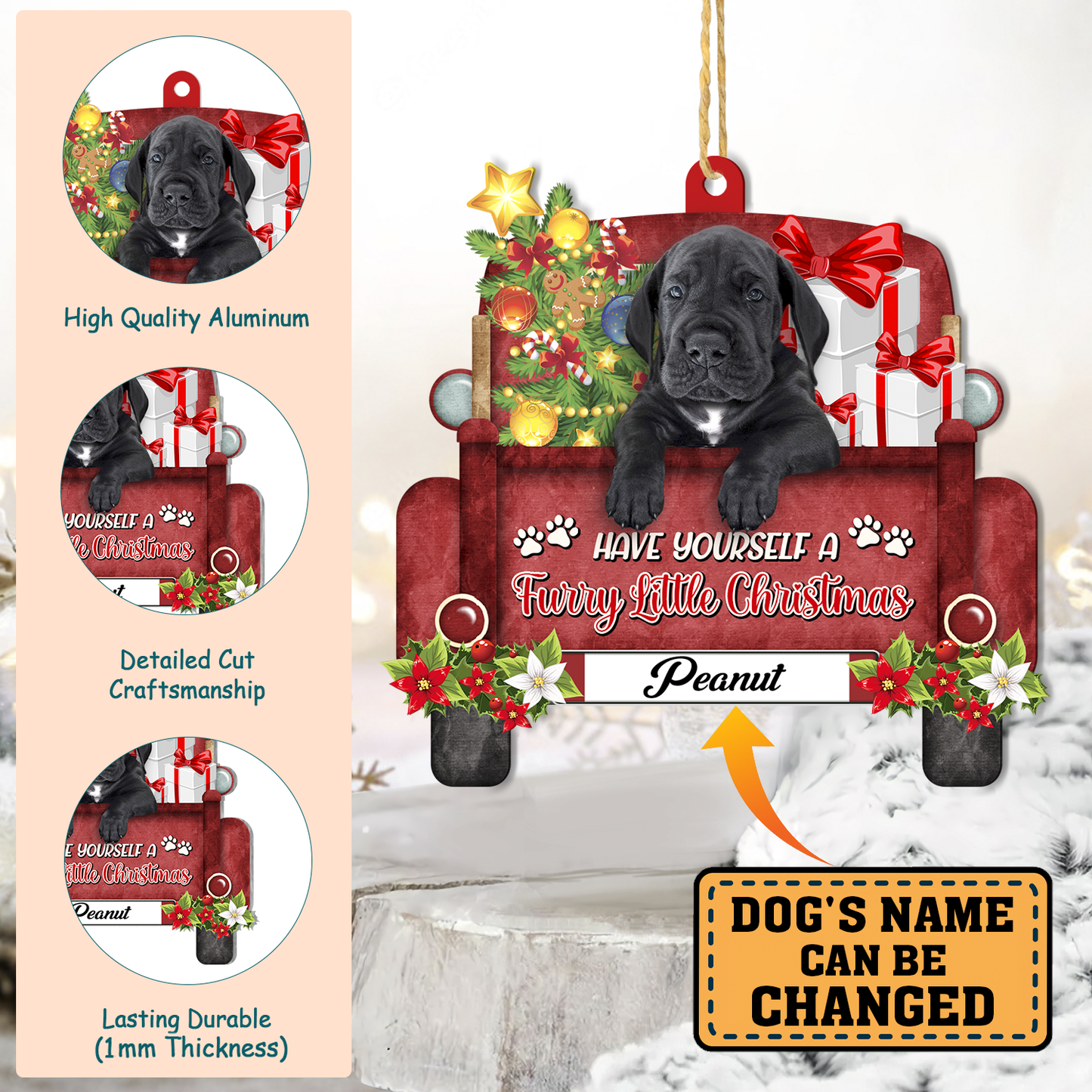 Personalized Black Great Dane Red Truck Christmas Aluminum Ornament