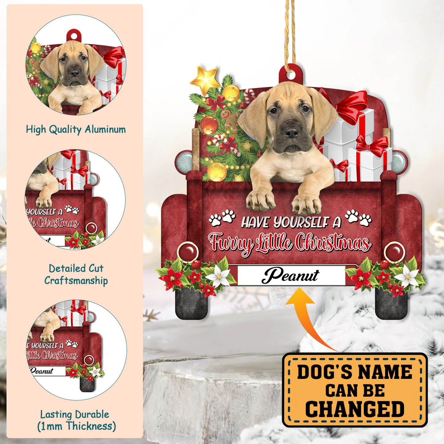 Personalized Great Dane Red Truck Christmas Aluminum Ornament