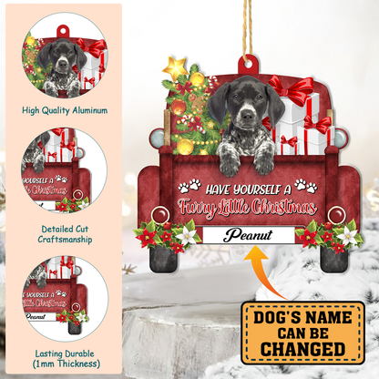 Personalized German Shorthaired Pointer Red Truck Christmas Aluminum Ornament