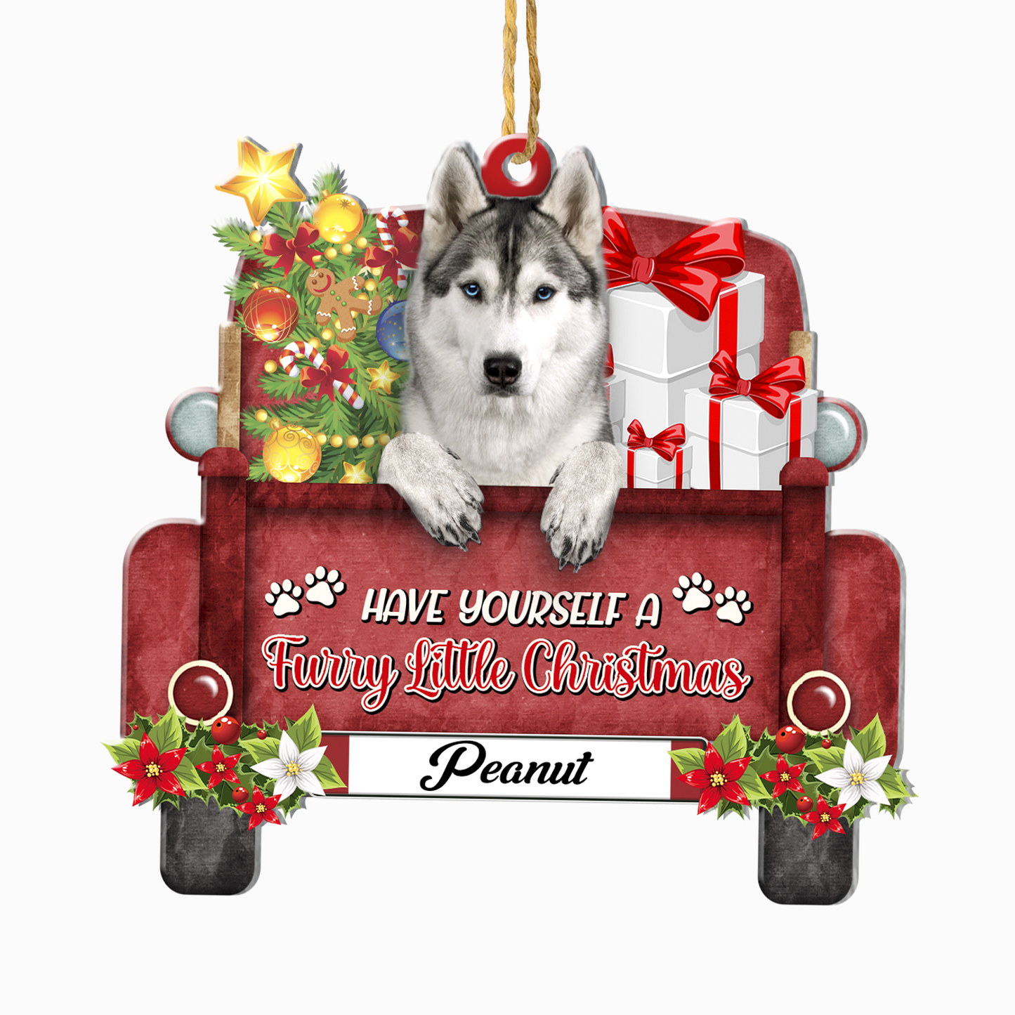 Personalized Husky Red Truck Christmas Aluminum Ornament