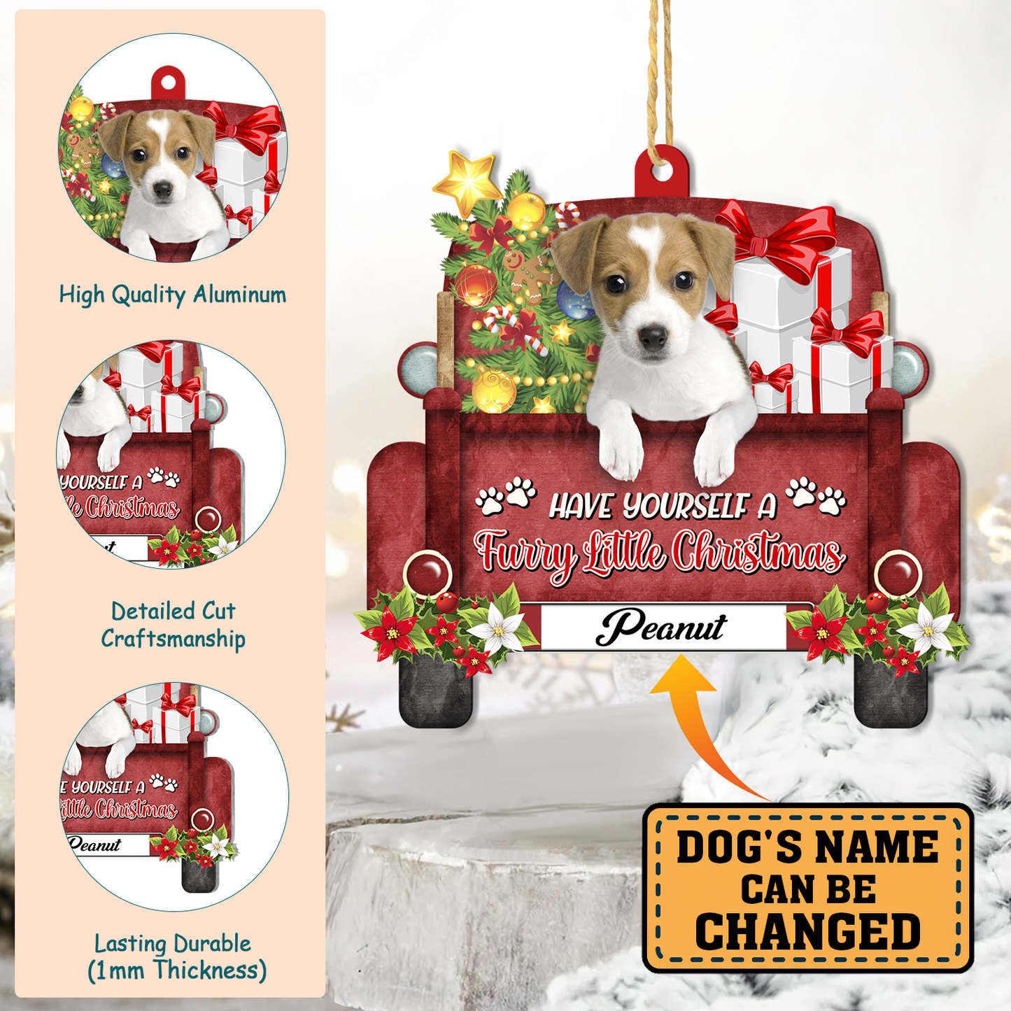 Personalized Jack Russell Terrier Red Truck Christmas Aluminum Ornament