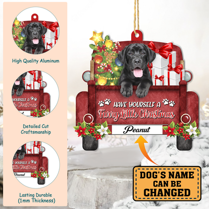 Personalized Black Labrador Retriever Red Truck Christmas Aluminum Ornament